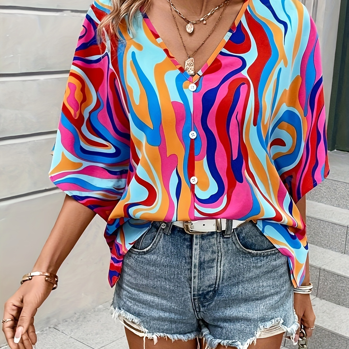 

Abstract Print V Neck Blouse, Vacation Style Short Sleeve Top For Spring & Summer, Women's Clothing