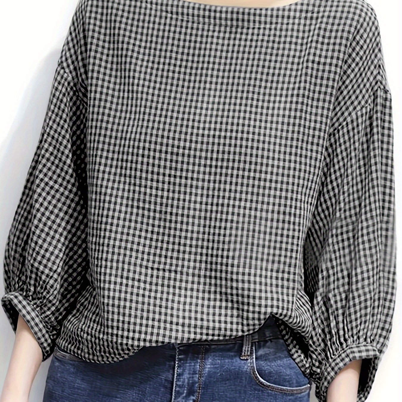 

Plaid Pattern Crew Neck Blouse, Versatile 3/4 Sleeve Blouse For Spring & Summer, Women's Clothing