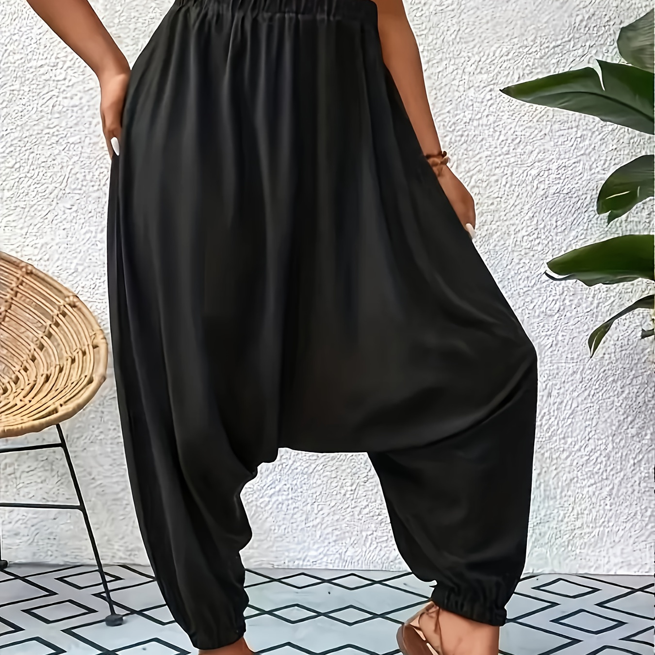 

Plus Size Solid Pants, Comfortable Versatile Elastic Waist Harem Pants For Spring & Summer, Women's Plus Size Clothing