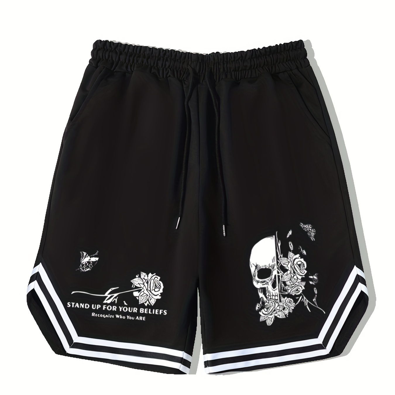 

Men's Streetwear Shorts, Flower Skull Graphic Drawstring Stretchy Short Pants For Comfort & Casual Chic Style, Summer Clothings Men's Fashion Outfits