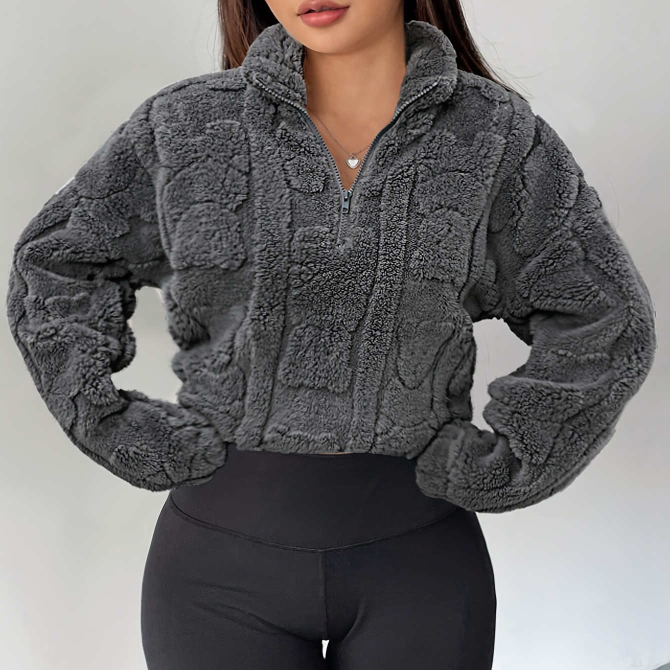 

Spechir Elegant Gray Zip-up Sweatshirt For Women - Cozy Long Sleeve High Neck, 100% Polyester, Machine Washable, Fall/winter, Cozy Clothing||