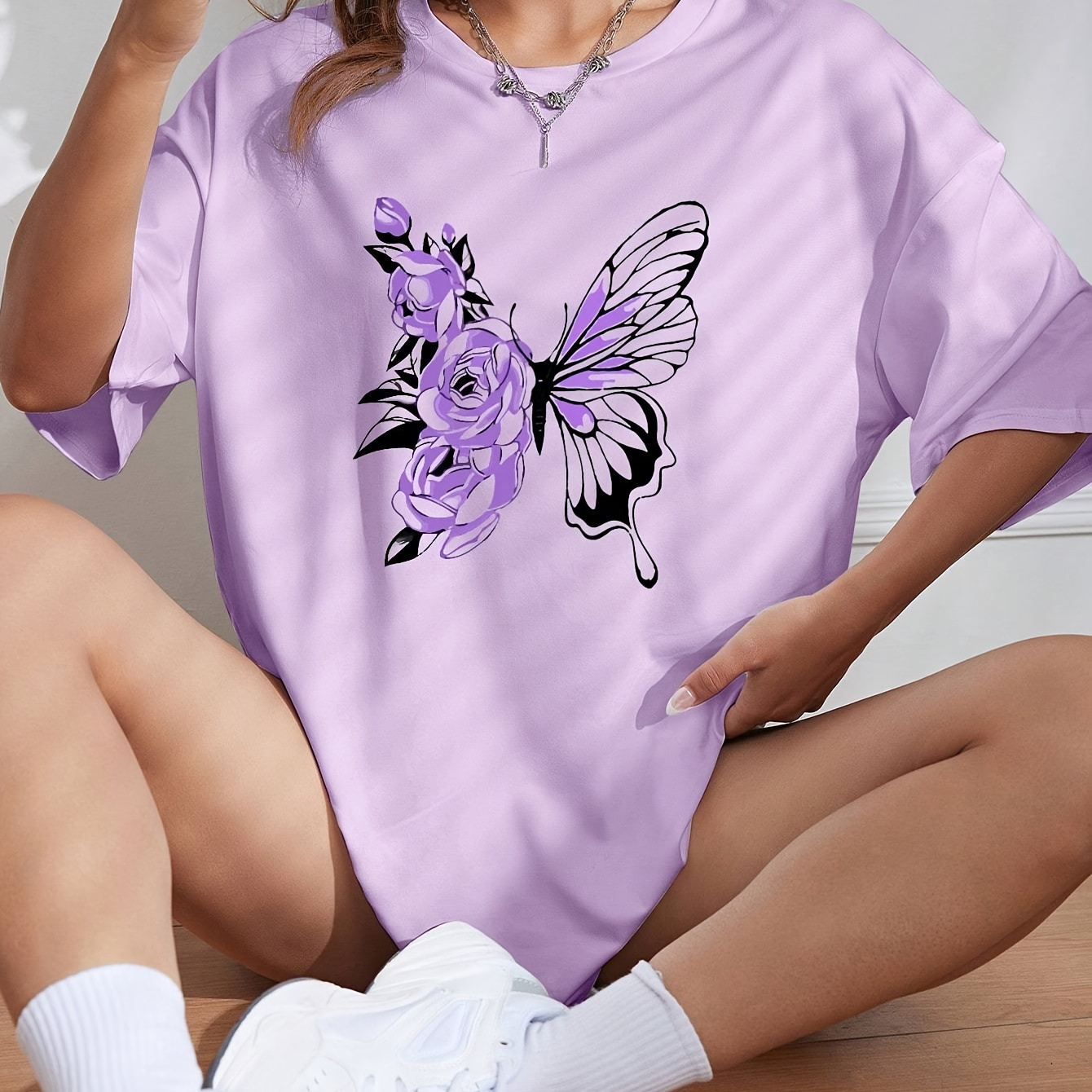 

Flower & Butterfly Print Casual T-shirt, Crew Neck Drop Shoulder Top For Spring & Summer, Women's Clothing