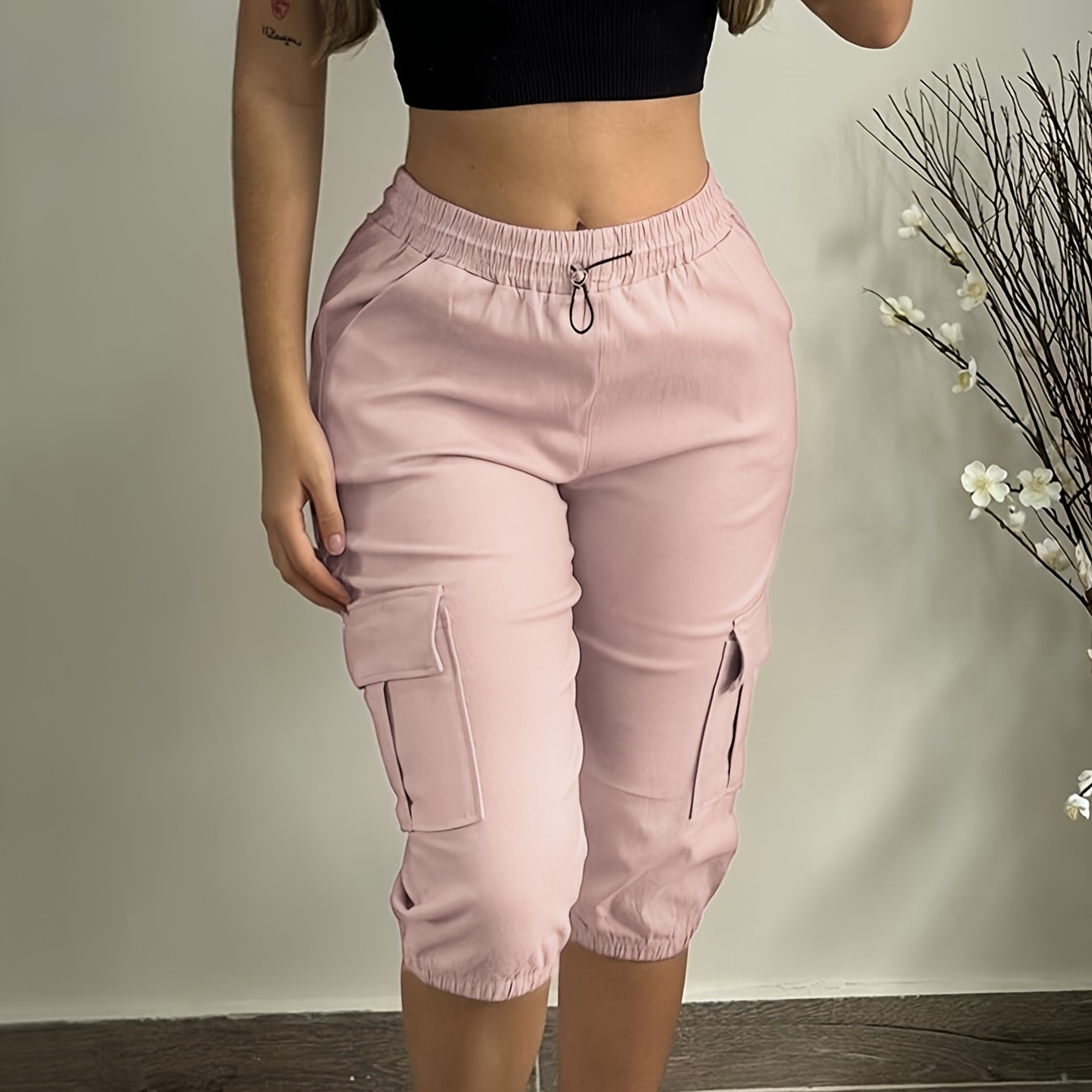 

Flap Pocket Capris Cargo Pants, Casual Drawstring Solid Color Sporty Pants, Women's Clothing