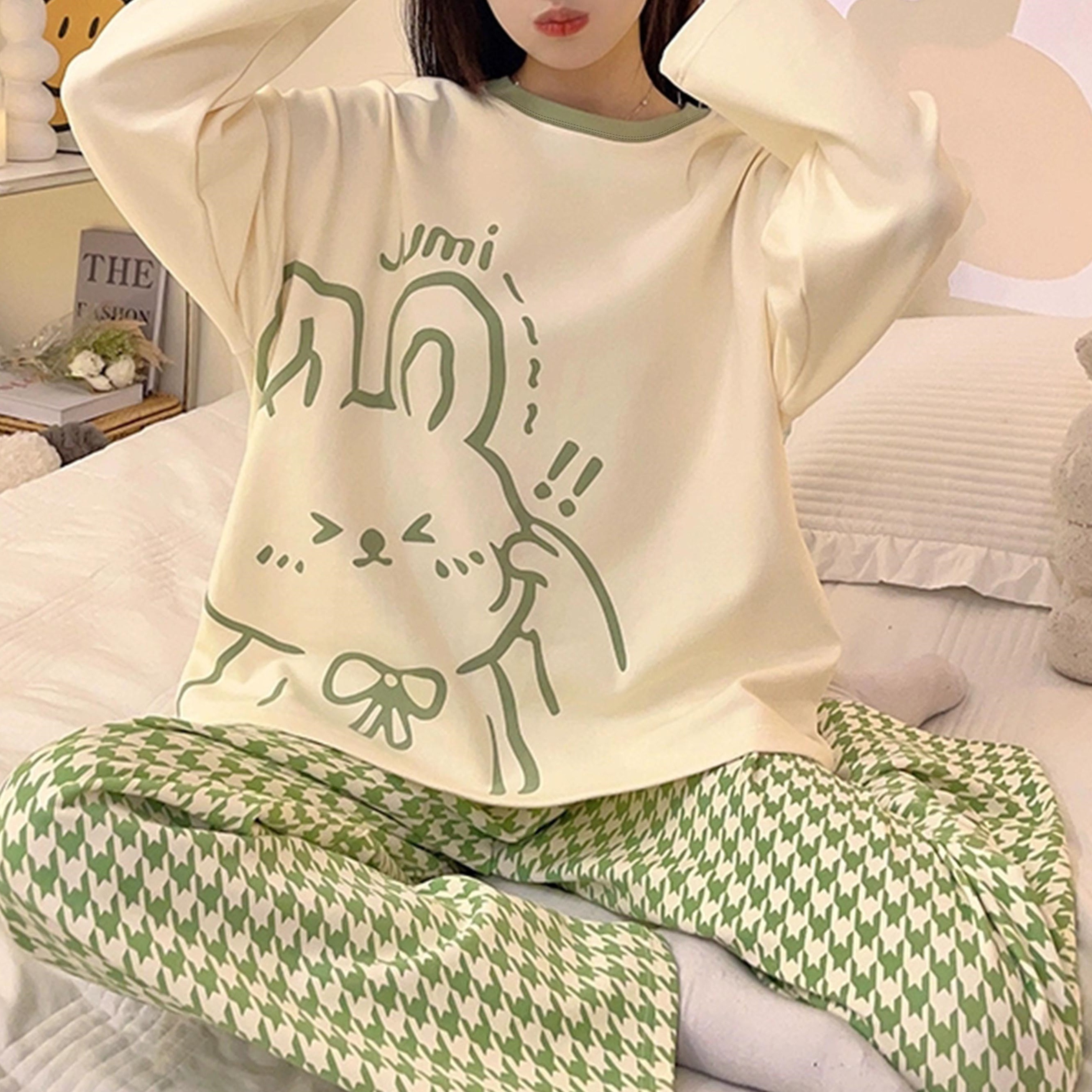 

Women's Cute Cartoon Rabbit Pajama Set, Long Sleeve Crew Neck Knit Polyester 96% Elastane 4% Sleepwear, Fall/winter Casual Pullover With Long Pants, Loungewear Set