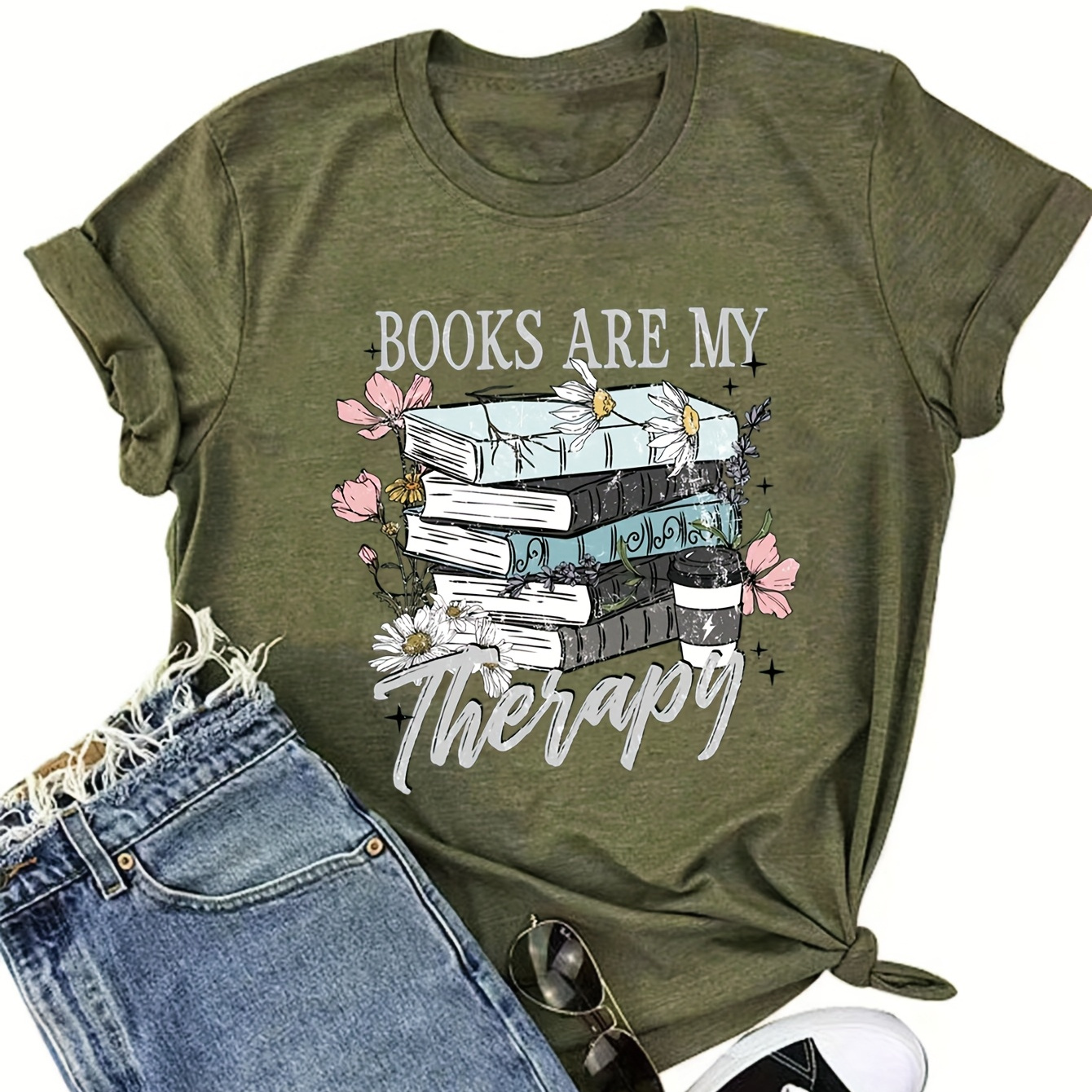 

1pc Women's Plus Size Casual T-shirt With "books Are My Therapy" Print, Polyester 60% Rayon 35% Spandex 5%, Crew Neck, Slight Stretch Knit Fabric, Alphabet Pattern, Tee