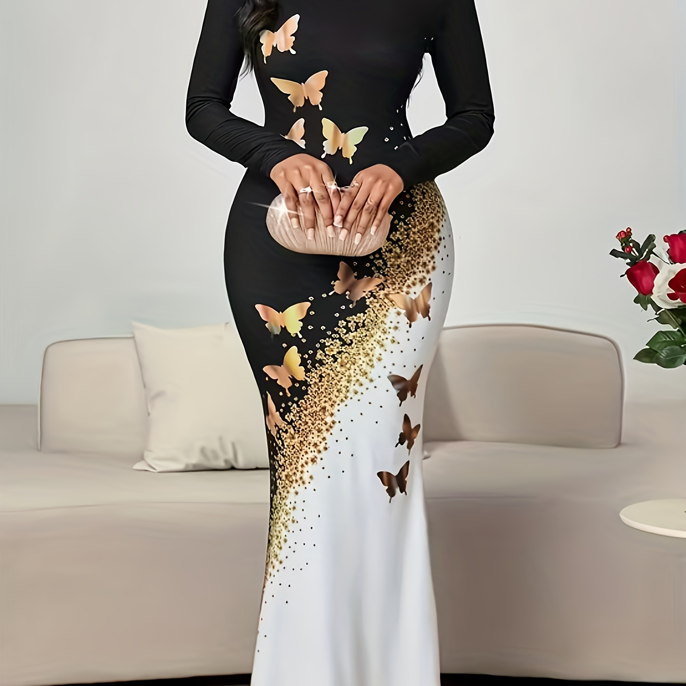 Black/White/Gold Butterfly Bodycon Maxi Dress
