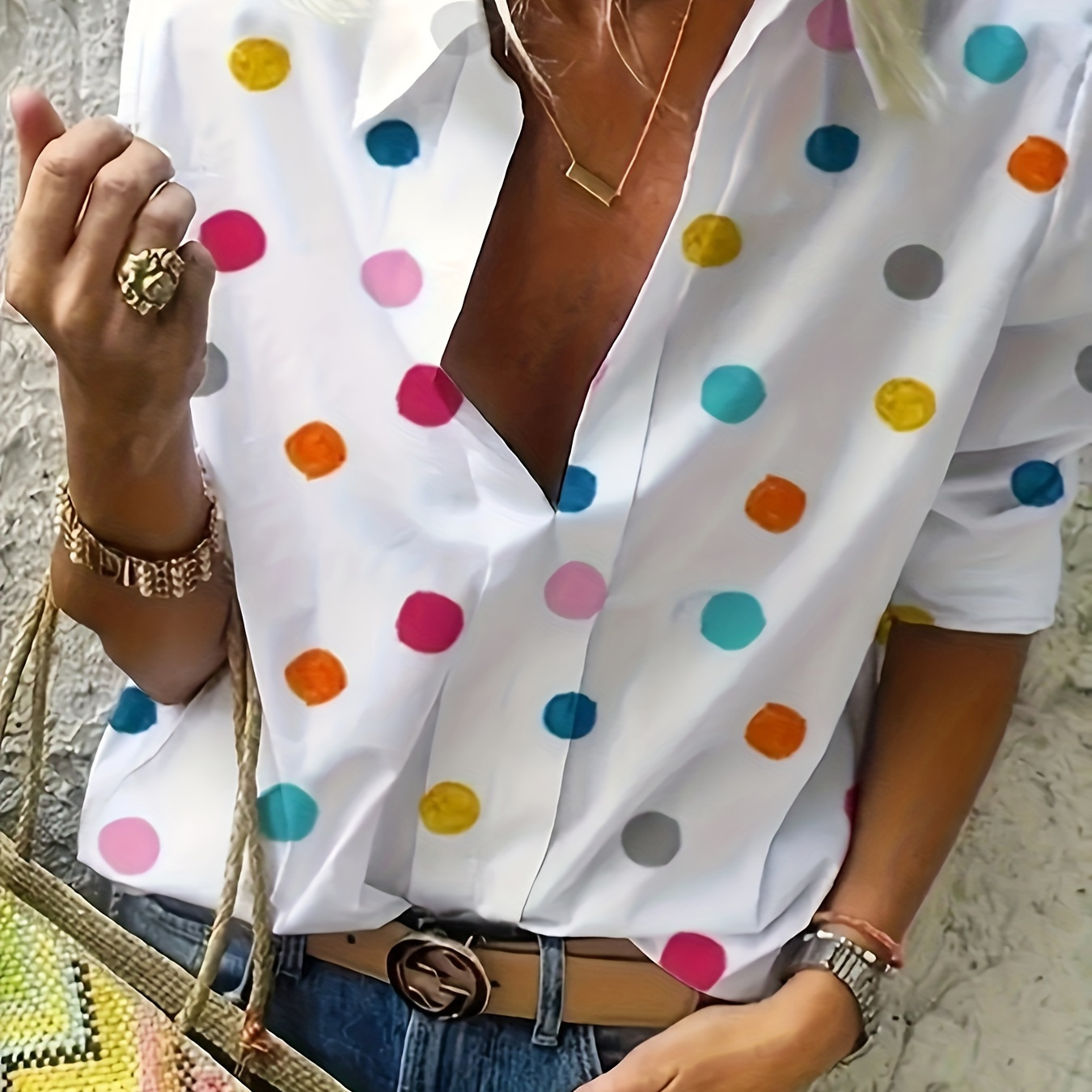 

Polka Dot Print Simple Blouse, Casual V Neck Long Sleeve Blouse, Women's Clothing
