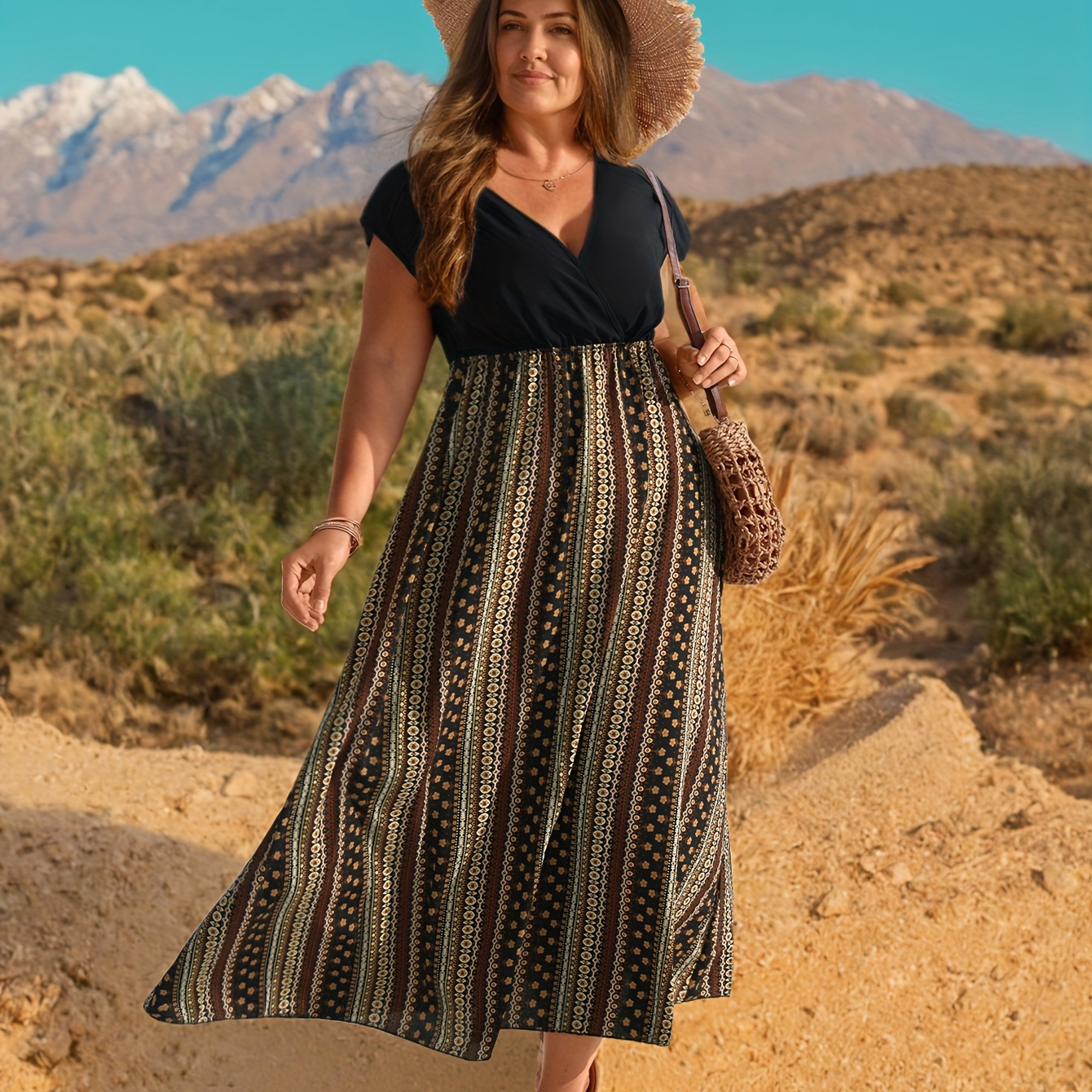 

Robe Chic Grande Taille à Imprimé Floral - Manches, Col en V avec Taille Cintrée, Parfaite pour les Vacances de Printemps/Été