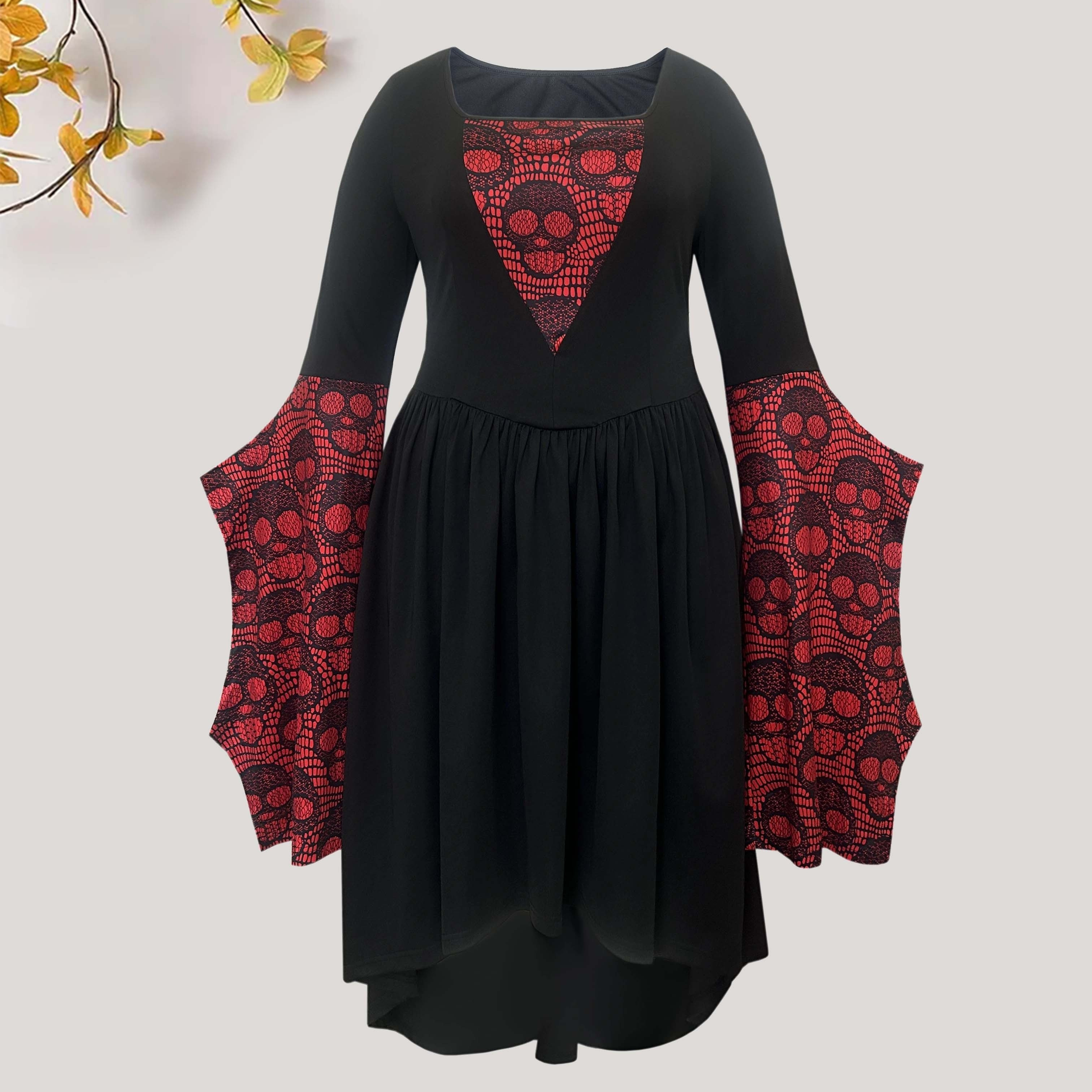 

Plus Size Halloween Goth Dress, Women's Plus Colorblock Skull Print Bell Sleeve Boat Neck High Low Hem Maxi Dress