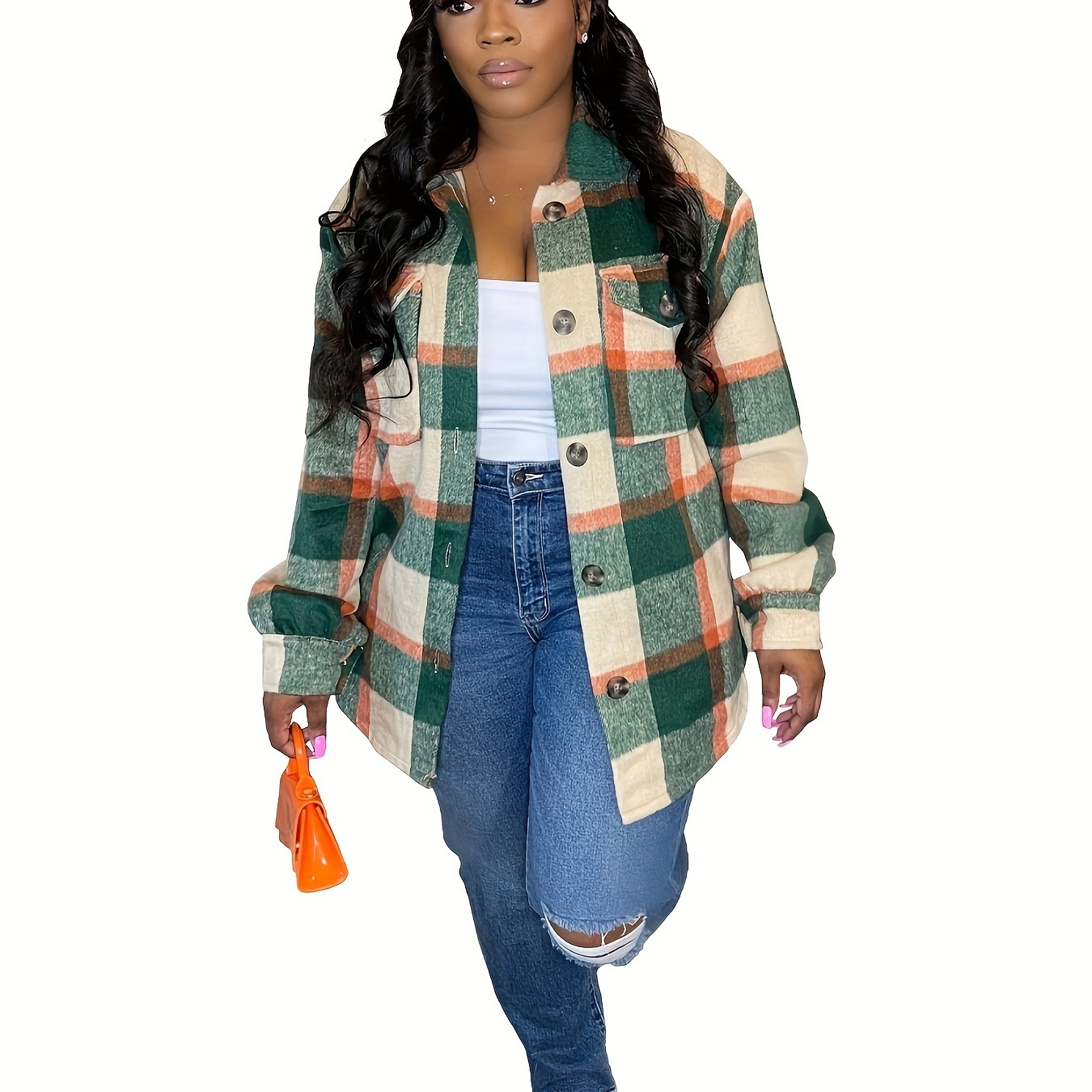 

Plus Size Colorblock Plaid Coat, Casual Long Sleeve Buttons Coat For Fall, Women's Plus Size clothing