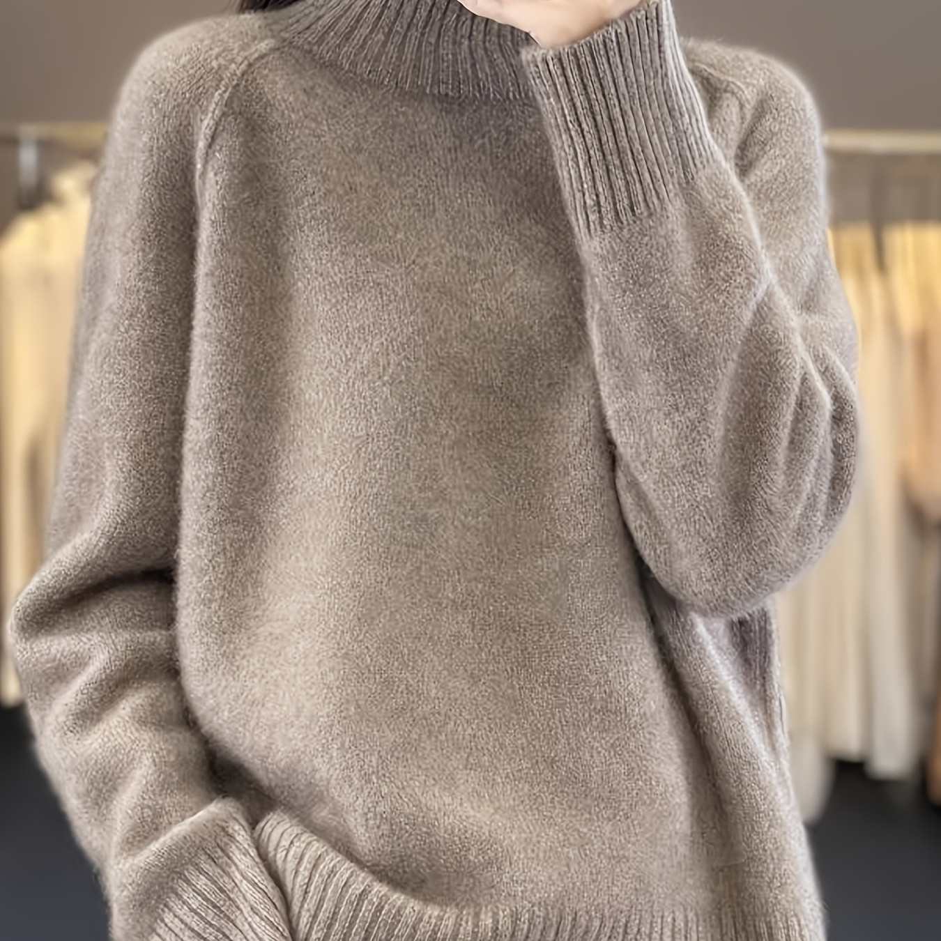 

Chic High-neck Split-hem Knit Sweater For Women - Cozy & Stylish, Solid Color, Stretchy Acrylic Pullover With Asymmetrical Hem, Fall/winter - Hand Washable