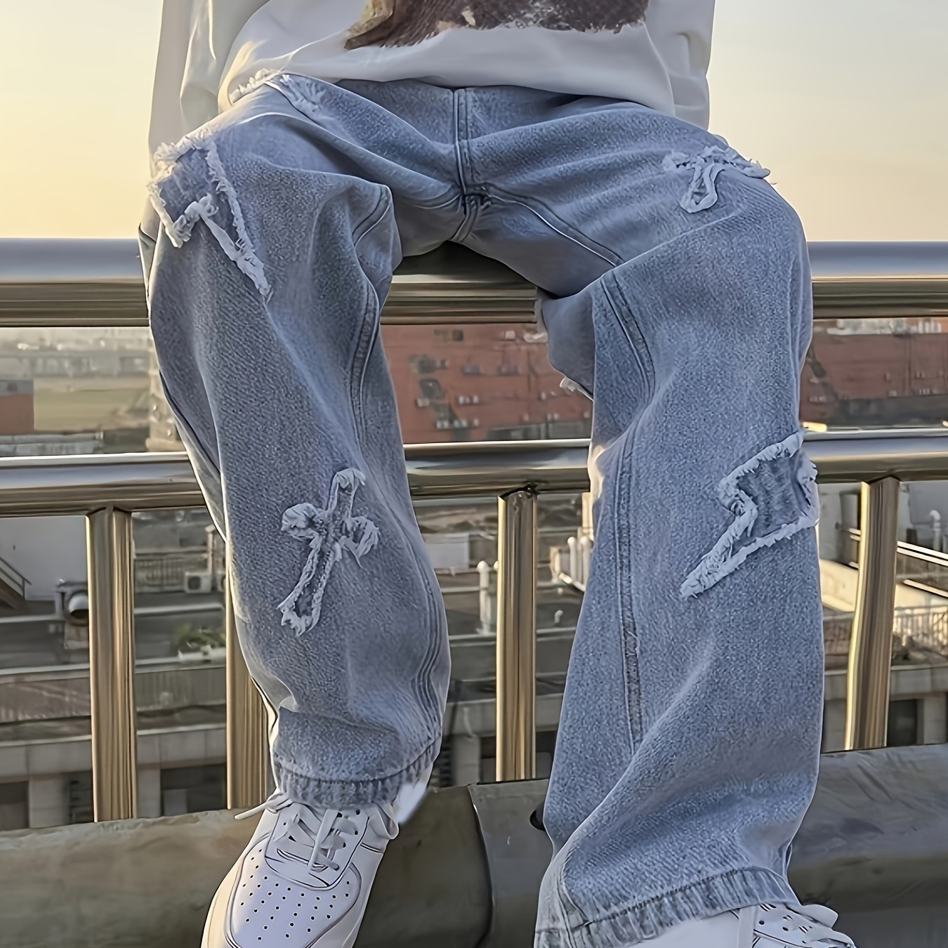 

Embroidery Loose Ripped Cotton Blend Jeans, Men's Casual Street Style Distressed Denim Pants For Spring Summer