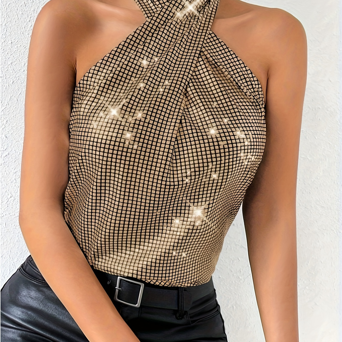 

Sequin Cross Halter Neck Tank Top, Sexy Sleeveless Top For Party & Club, Women's Clothing
