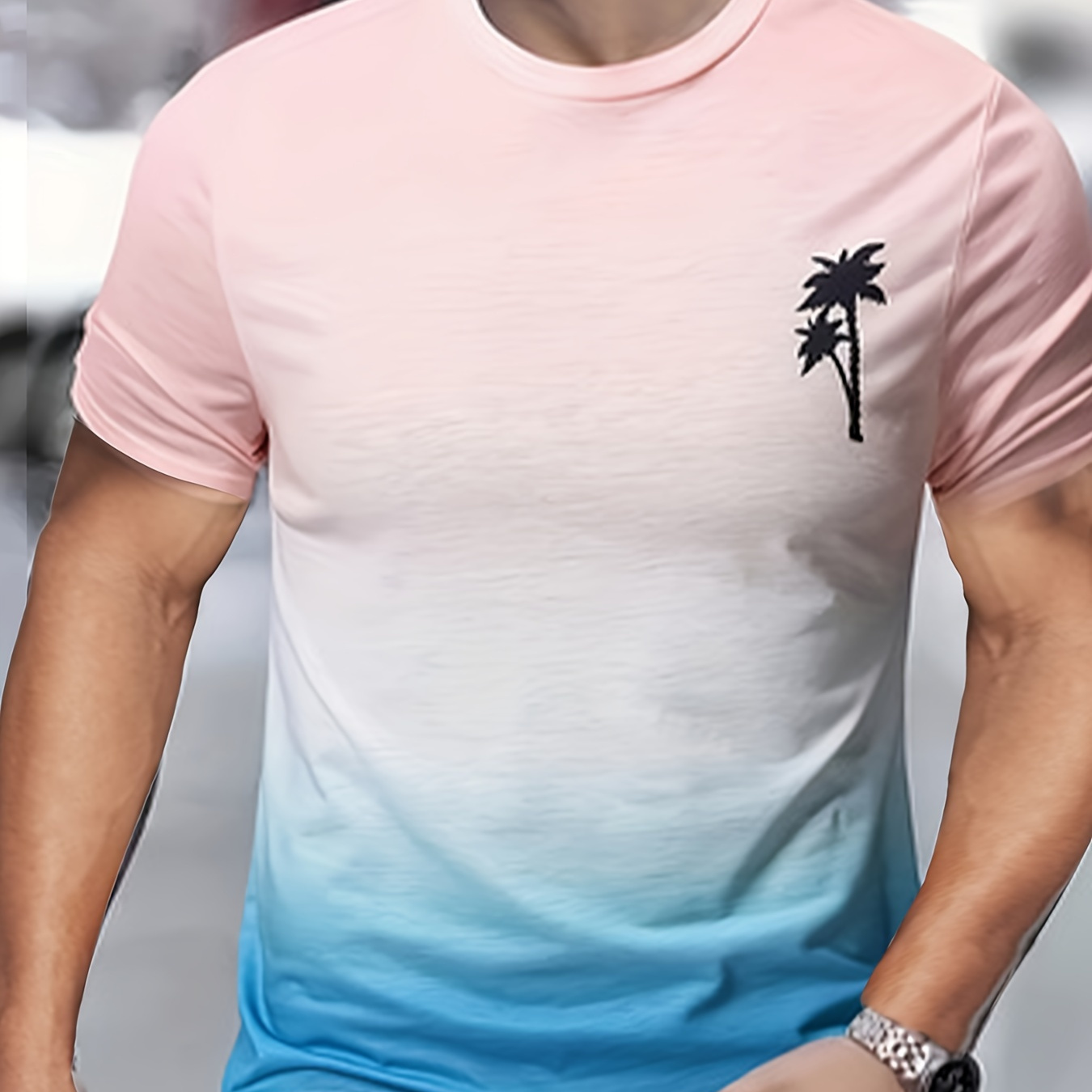 

Palm Trees Print Tee Shirt, Gradient Tees For Men, Casual Short Sleeve T-shirt For Summer