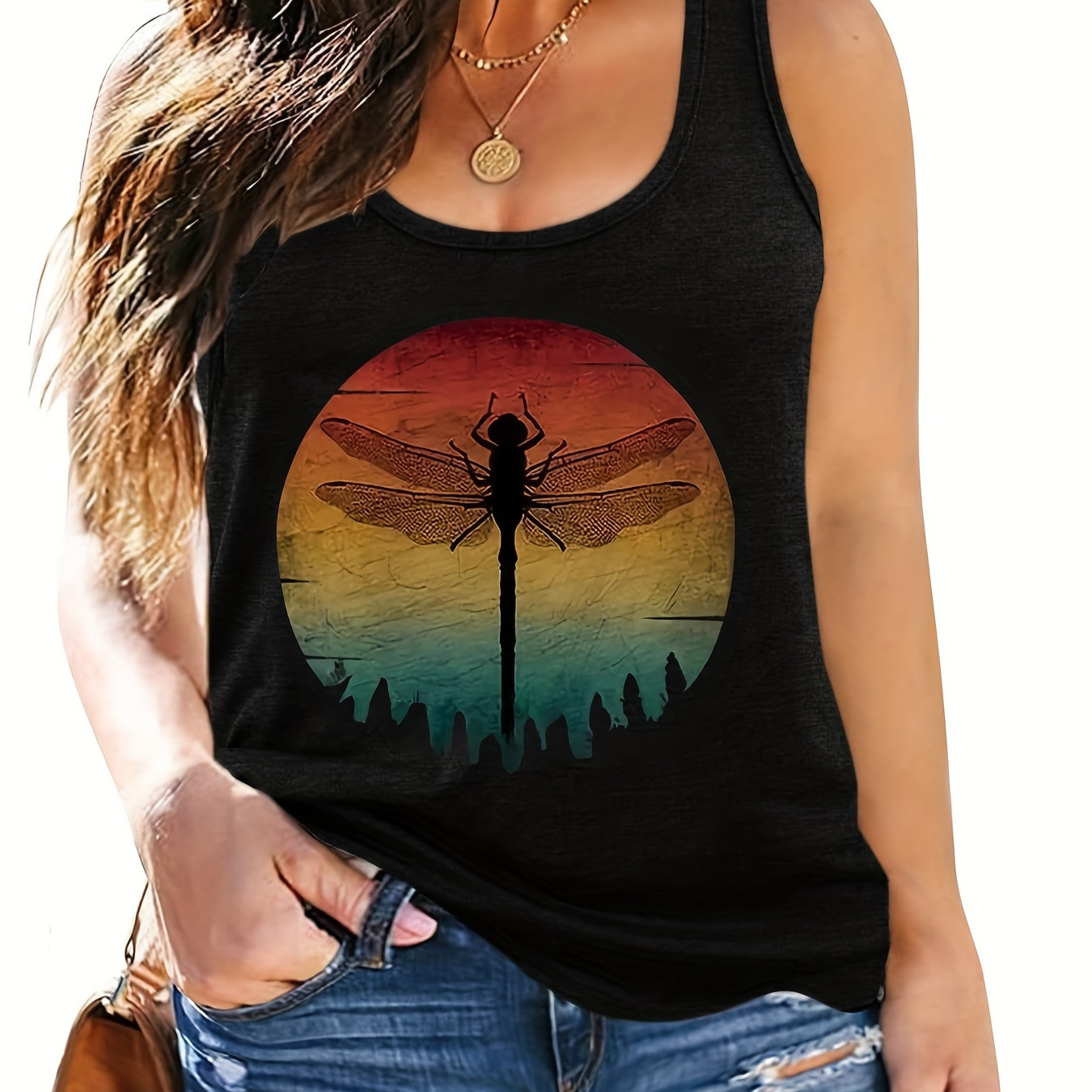 Plus Size Casual Tank Top, Women's Plus Dragonfly Print Round Neck Medium Stretch Tank Top