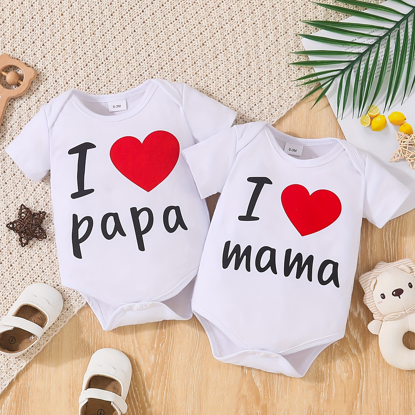 

2pcs Baby's Triangle Cotton Bodysuit, "i Love Papa" & "i Love Mama" Print, Casual Short Sleeve Romper, Toddler & Infant Boy's Clothing