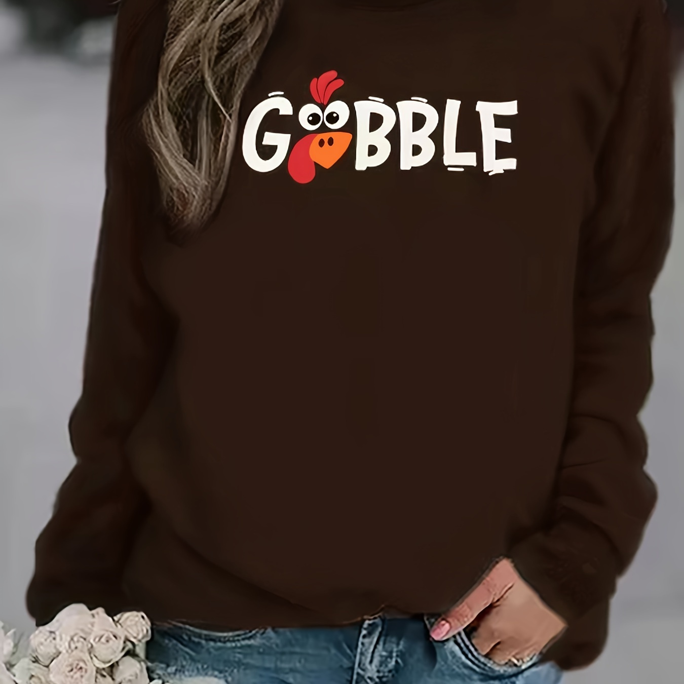 

Thanksgiving Gobble Print Sweatshirt, Casual Long Sleeve Crew Neck Sweatshirt, Women's Clothing