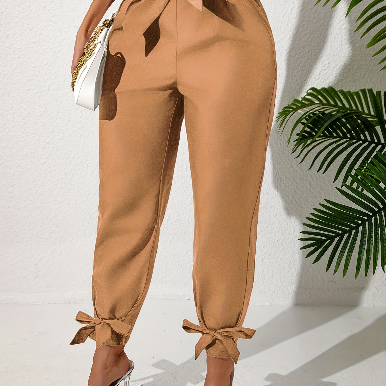 

Plus Size Solid Tie Front Baggy Pants, Casual Elastic Waist Pants For Spring & Summer, Women's Plus Size Clothing