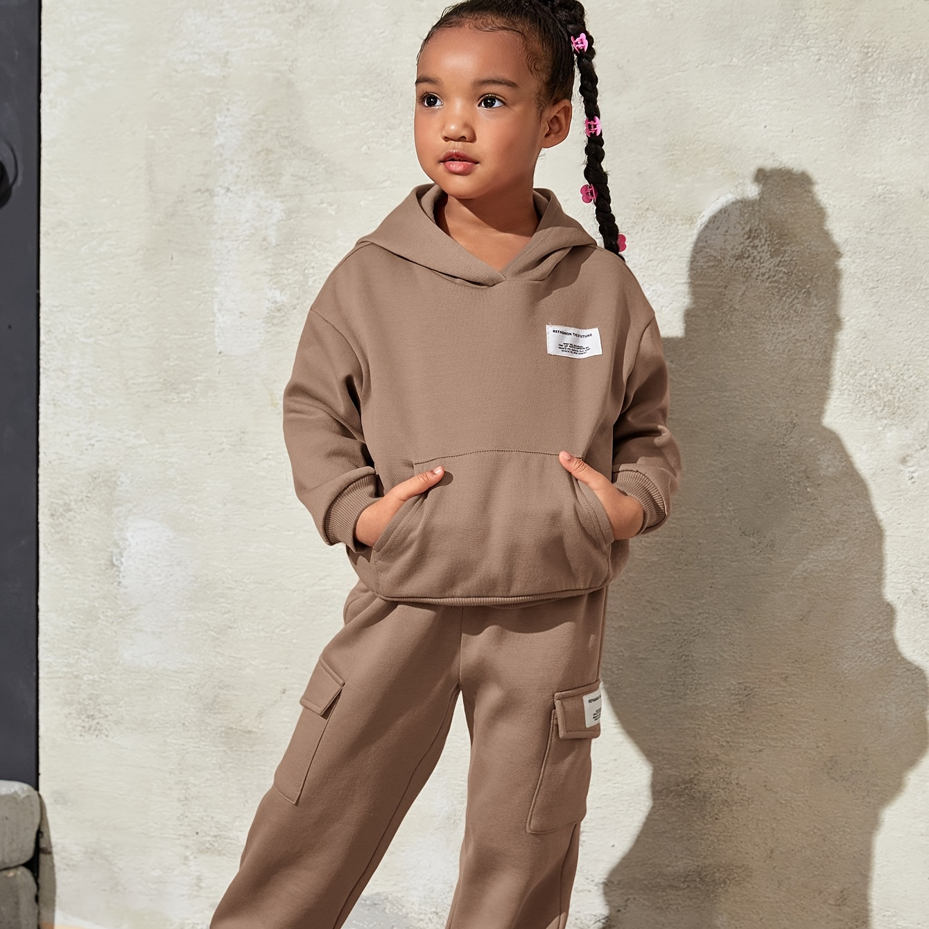 

Warm 2pcs Toddler Girls Solid Outfits Hoodies With Pocket + Jogger Pants Set Fall Winter Outdoor Gift