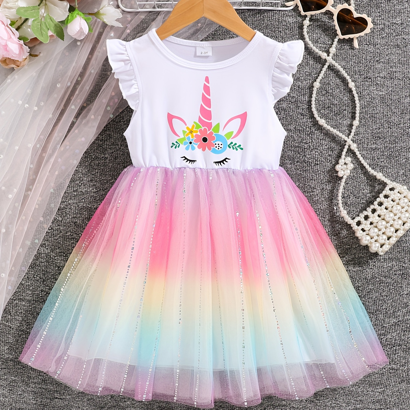

Unicorn Horns Pattern Frill Sleeve Tutu Dress For Girls Comfy Casual Princess Dresses, Holiday Summer Clothing Gift