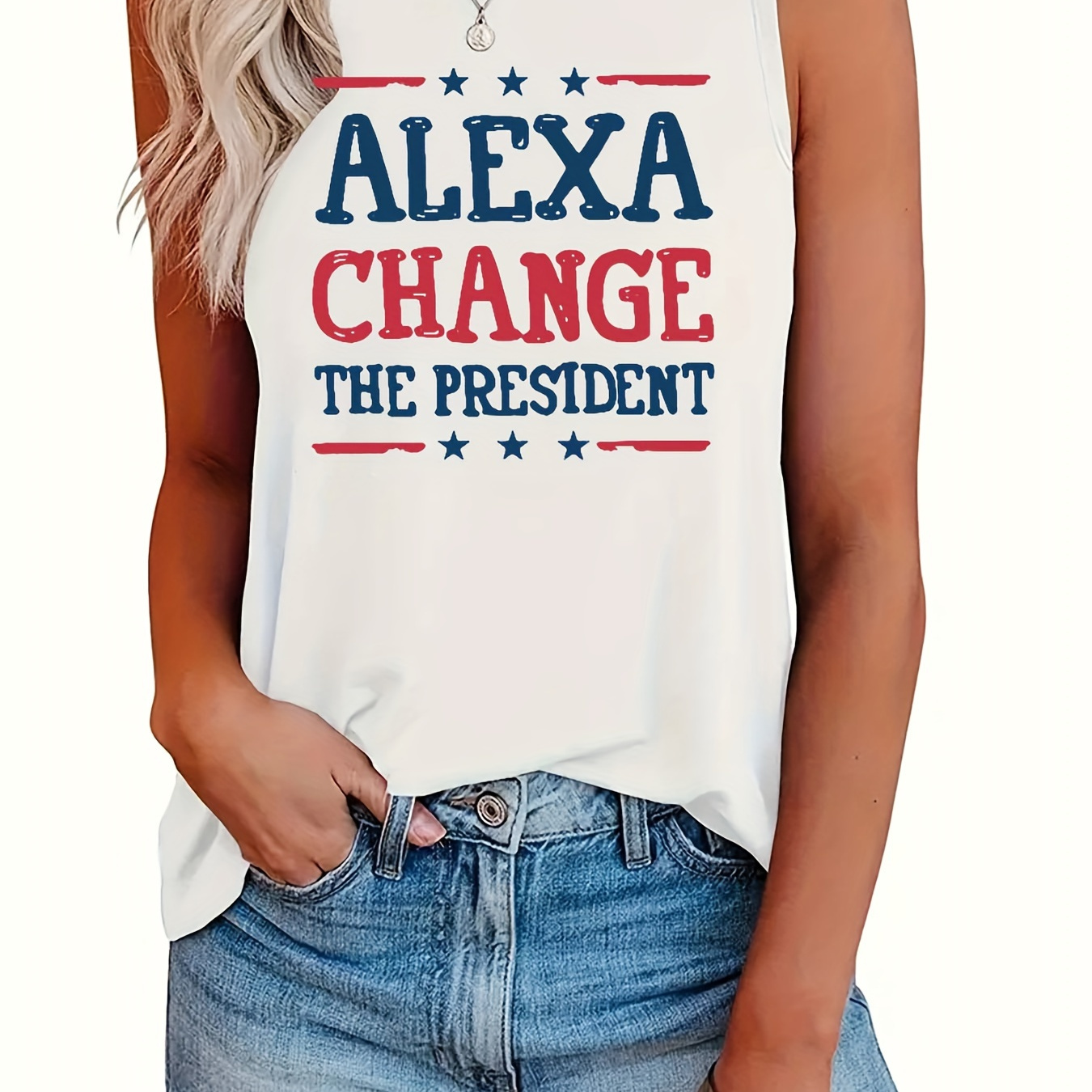 

Plus Size Alexa Change Print Tank Top, Casual Sleeveless Crew Neck Top For Summer & Spring, Women's Plus Size Clothing