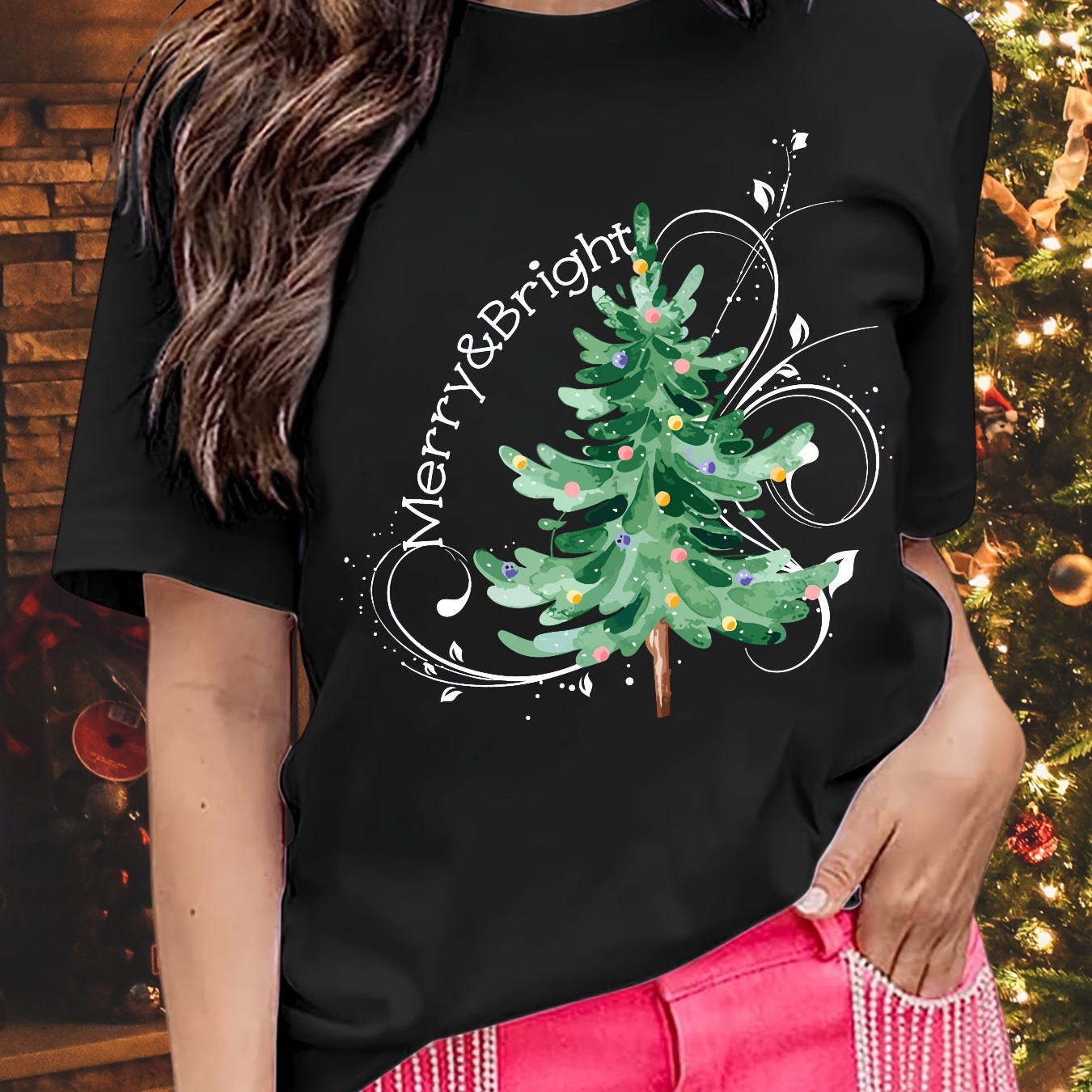 Camiseta Casual Estampado Árbol Navidad Cuello Redondo Manga