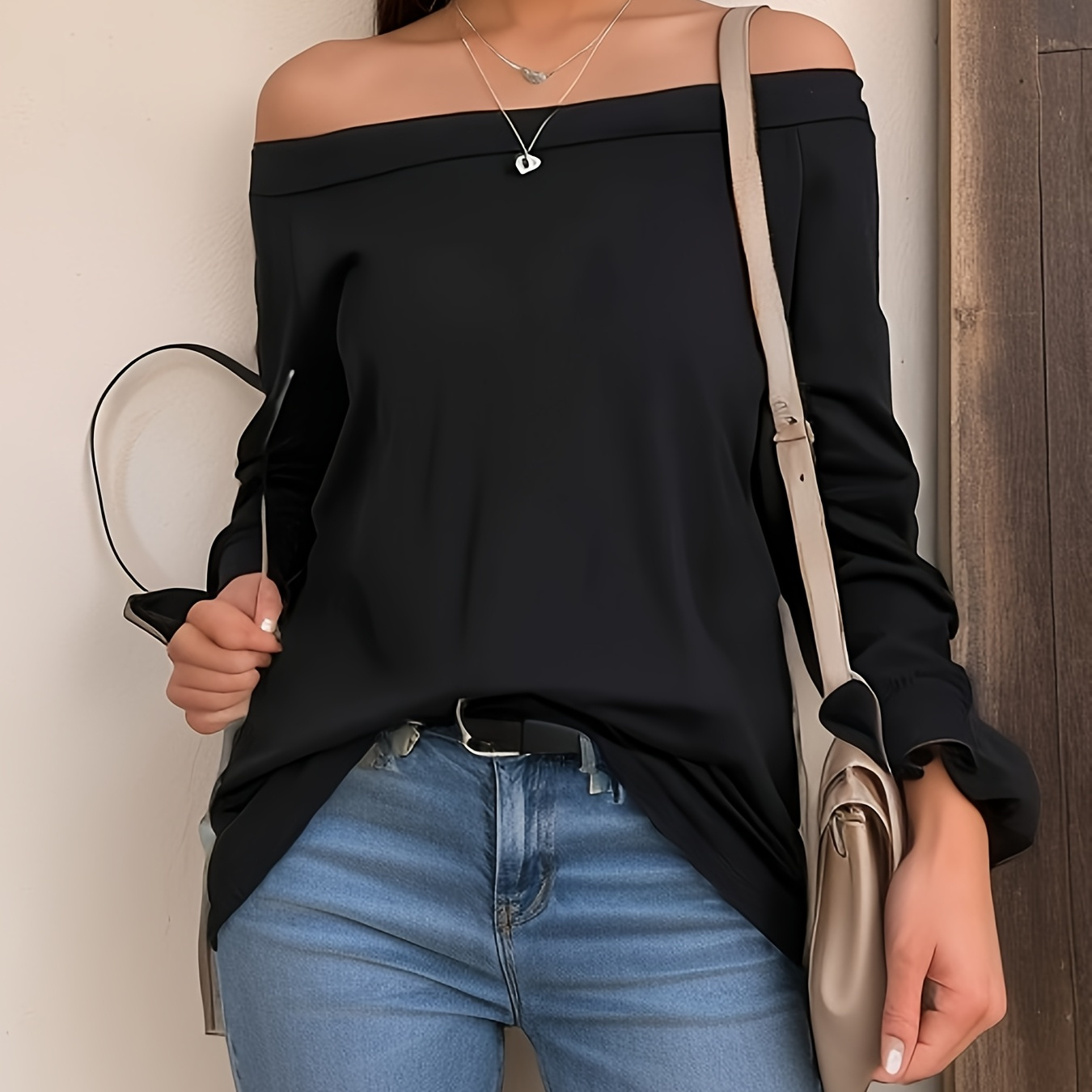 

Solid Shoulder Stylish T-shirt, Casual Long Sleeve Top For Spring & Fall, Women's Clothing