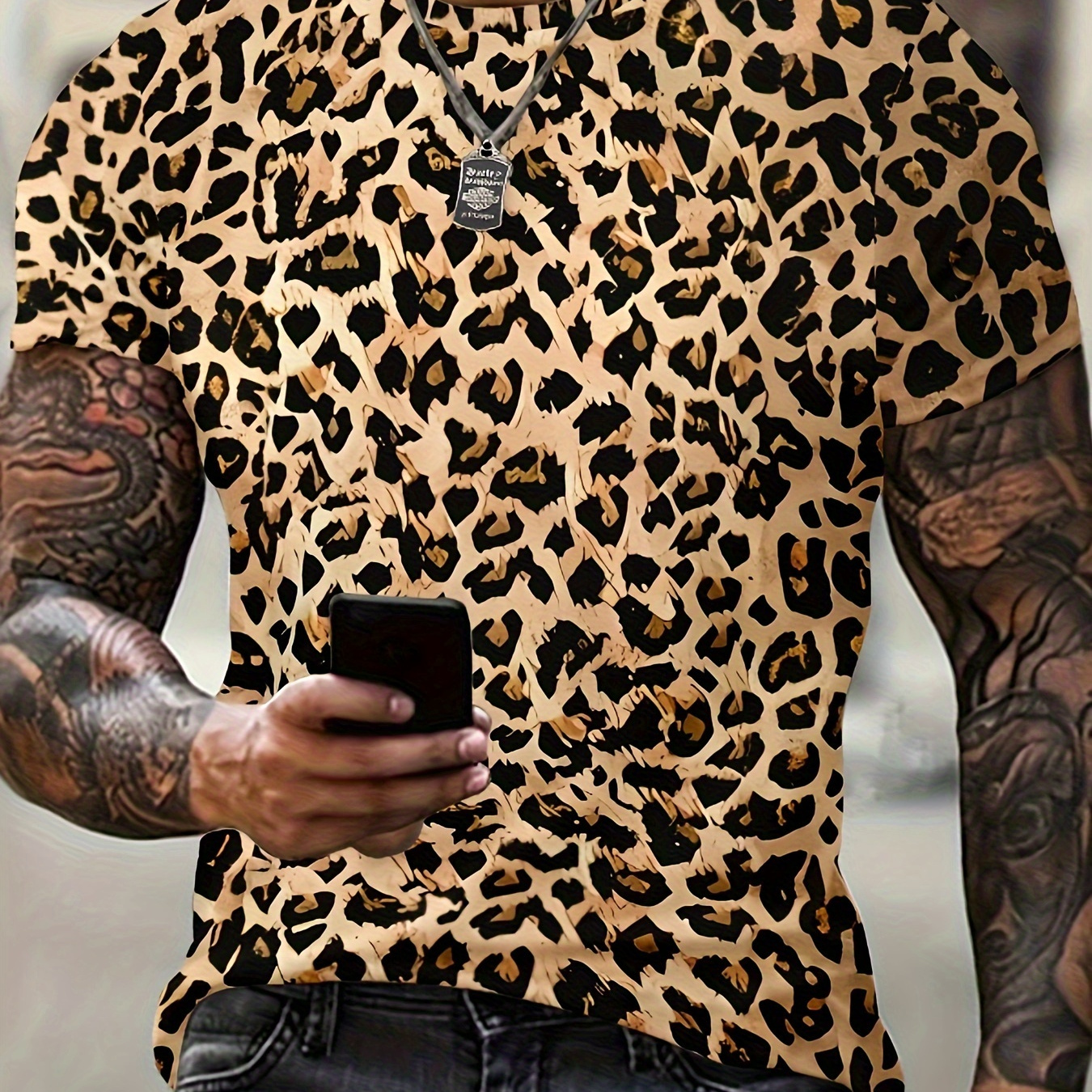 

Leopard Pattern 3d Printed Crew Neck Short Sleeve T-shirt For Men, Casual Summer T-shirt For Daily Wear And Vacation Resorts