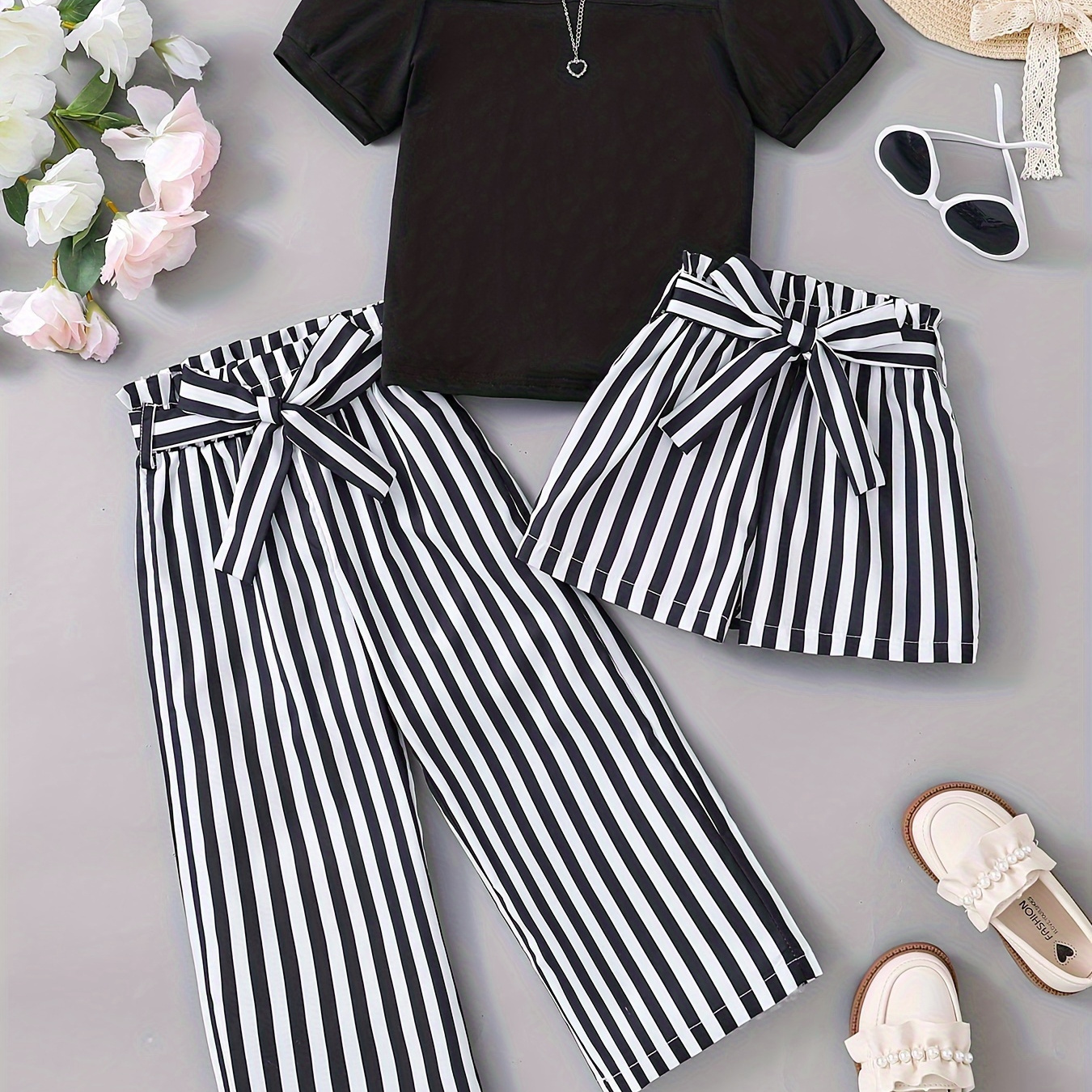 

3pcs, Solid Color Puff Sleeve T-shirt + Striped Shorts + Striped Pants With Belt Set For Girls, Casual And Trendy Holiday Set Summer Gift, Girls' Clothing