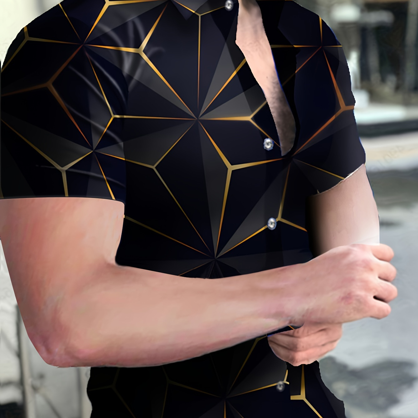 

[spring Fashion] Men's Casual Streetwear 3d Geometric Pattern Short Sleeve Shirt - Polyester, Button-up With Chest Pocket, Machine Washable, Ideal For Spring/fall