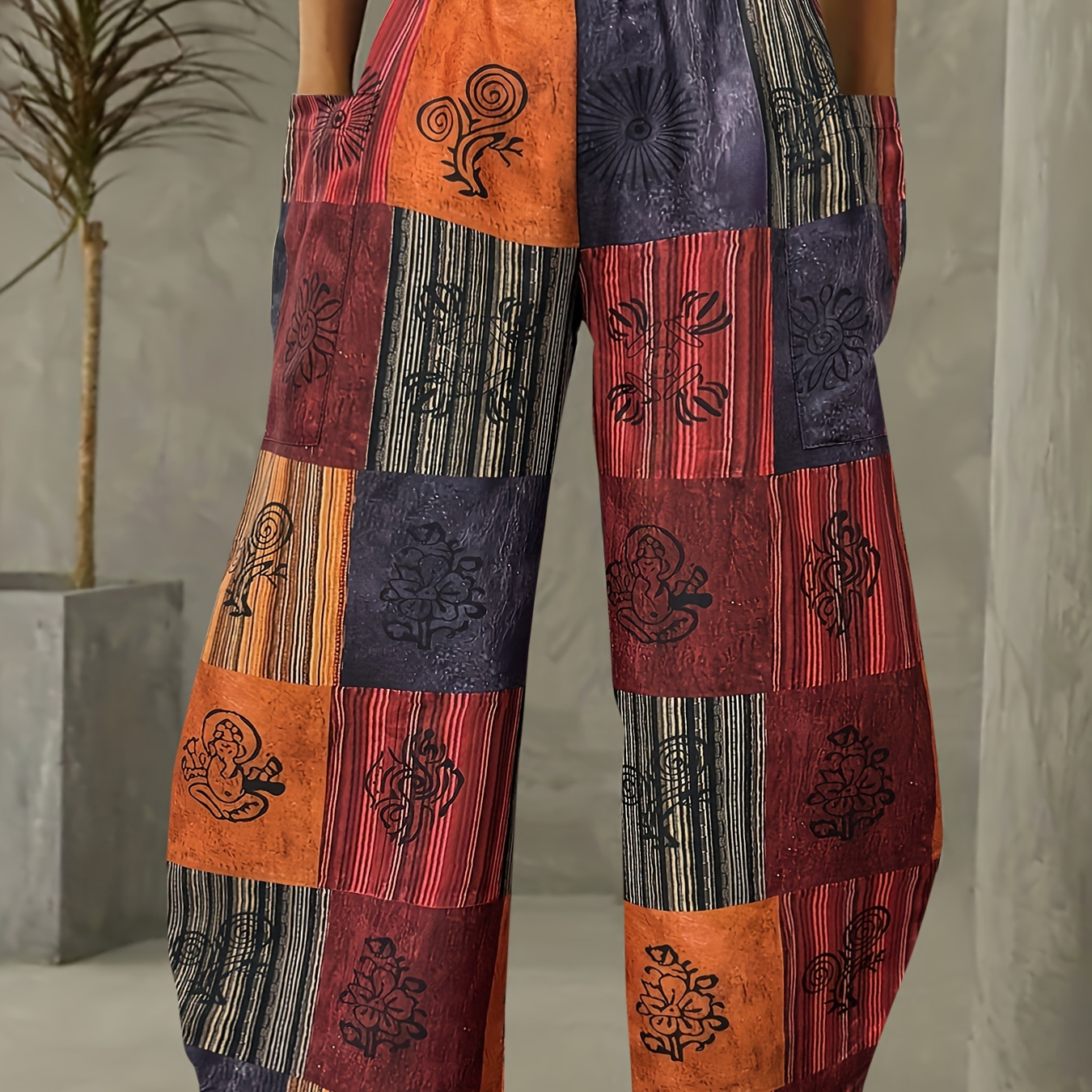 

Tribal Print Wide Leg Pants, Casual Dual Pockets Loose Pants For Spring & Summer, Women's Clothing