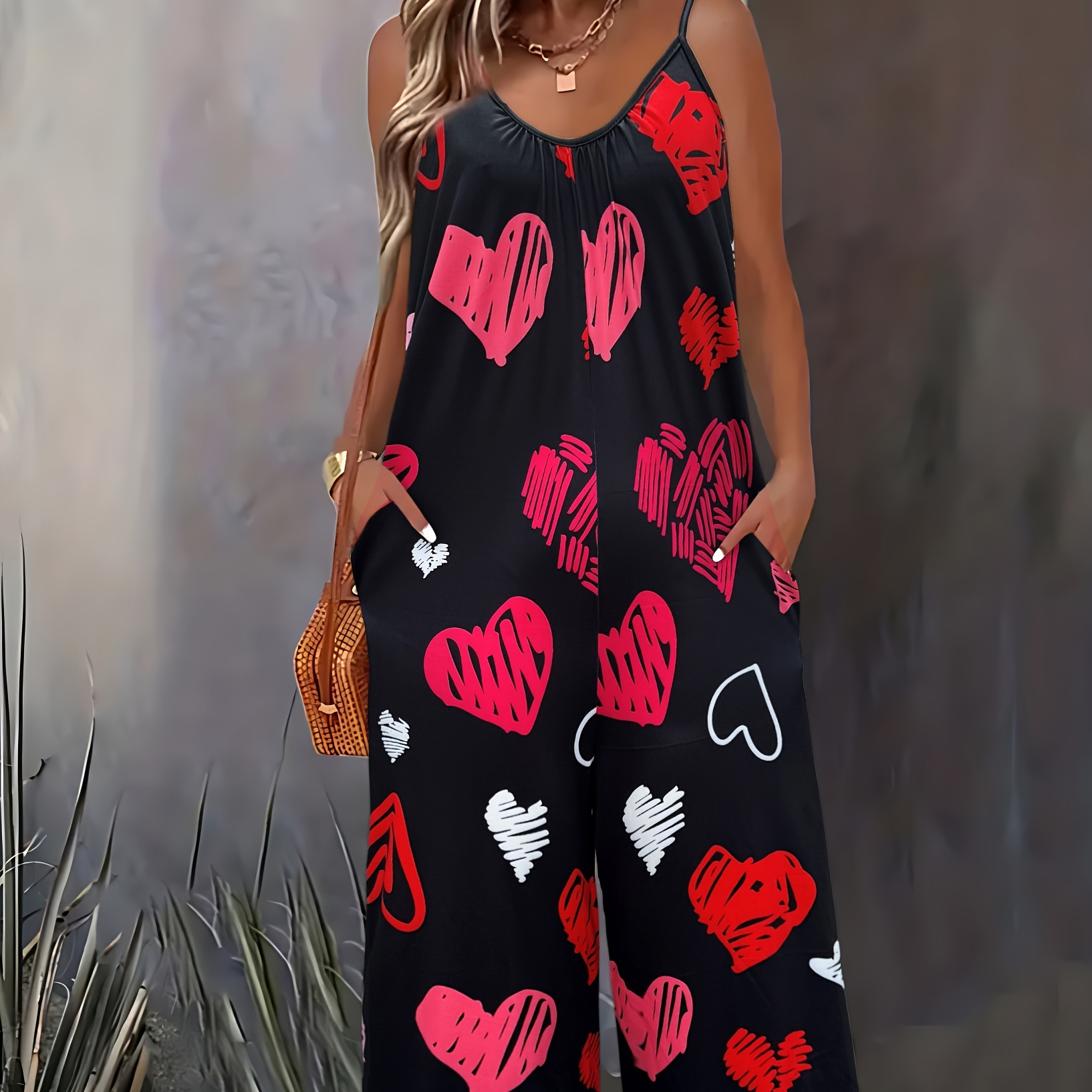 

Valentine's Day Heart Print Wide-leg Jumpsuit With Pockets - Casual Spaghetti Strap, Stretchy Polyester , Machine Washable - Women'