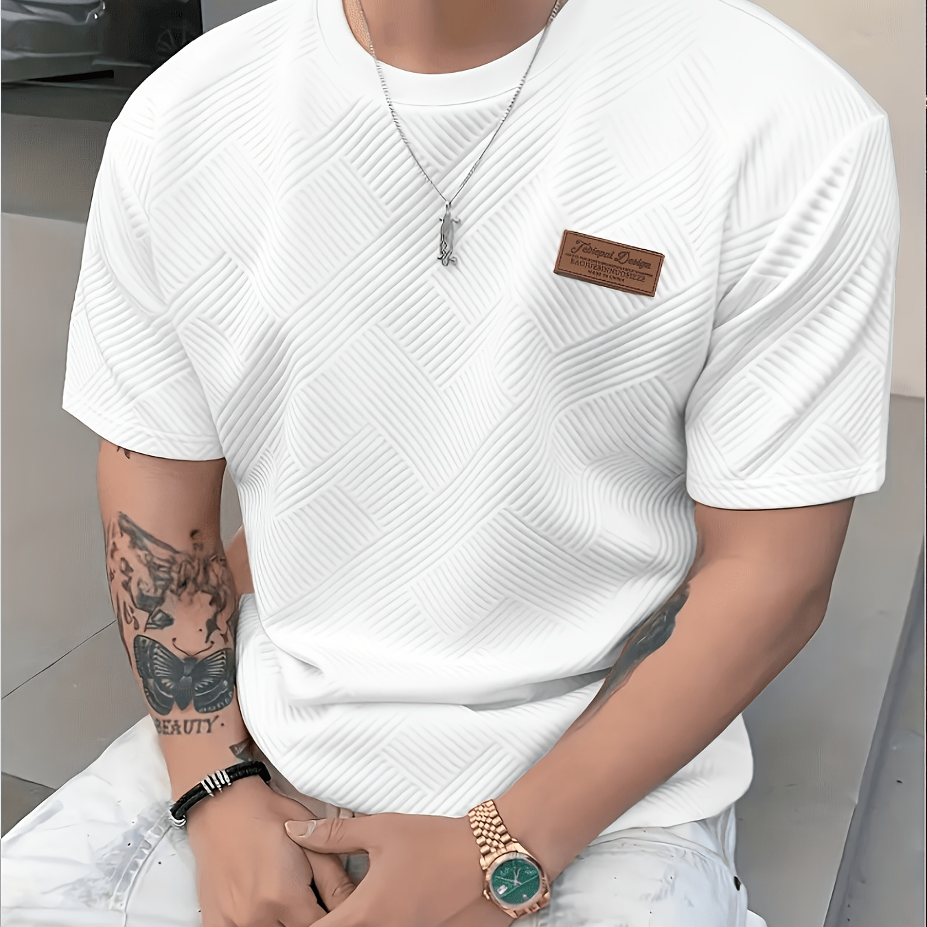 Men's Summer Fashion Casual Crew Neck T-Shirt, Textured Jacquard Fabric Short Sleeve, Versatile for Daily Wear and Outings, Comfortable and Breathable Men's Summer Apparel, Gift for Husband
