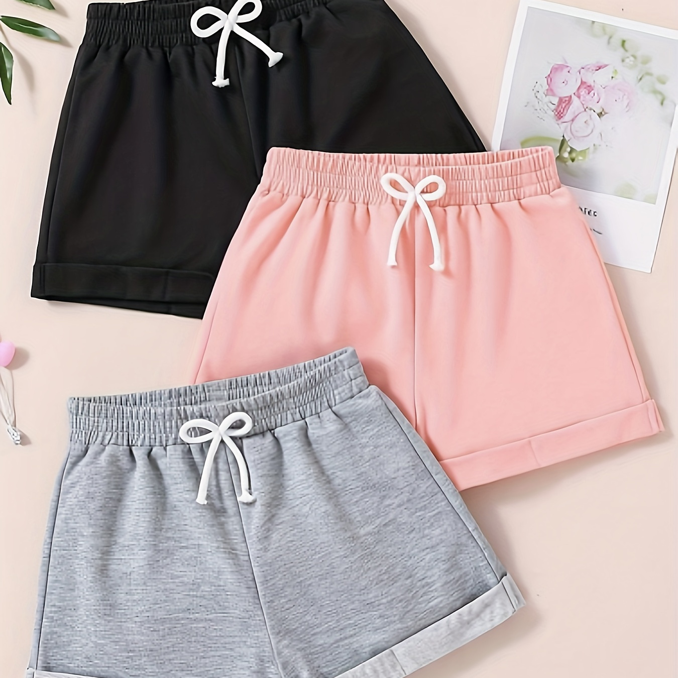 

Girls 3pcs/set Casual & Breathable Drawstring Shorts For Sports & Exercise & Outdoors