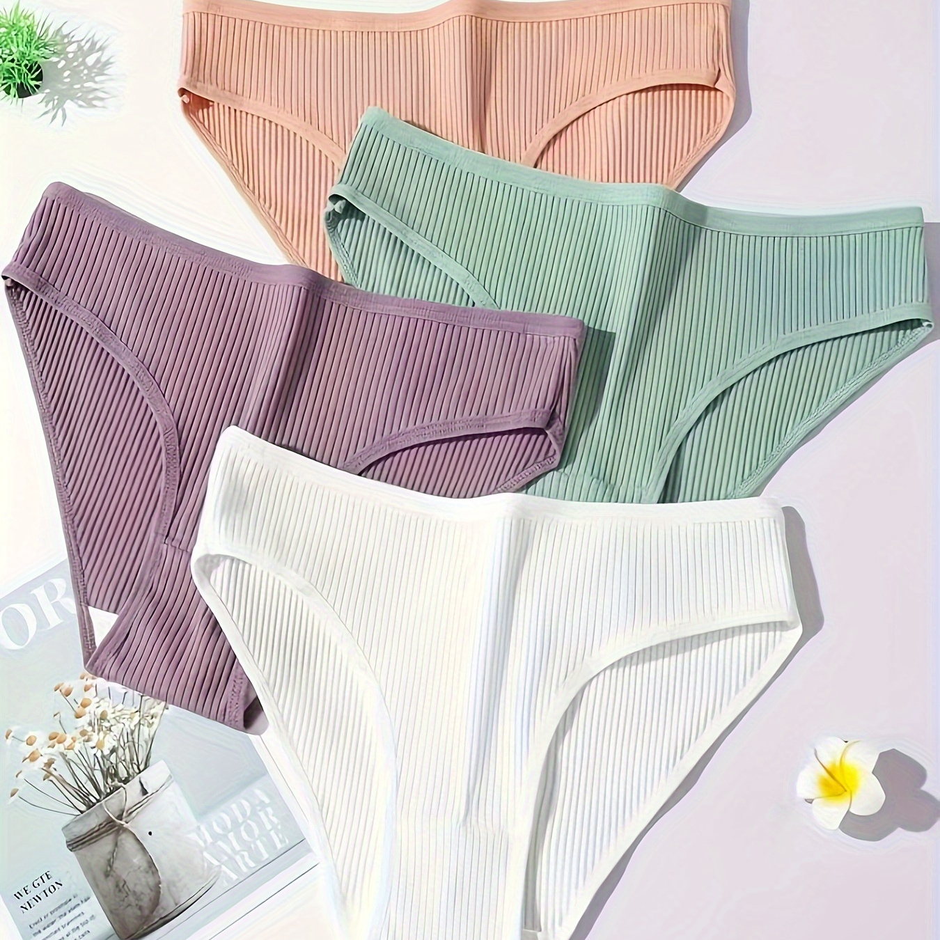 

4pcs Solid Ribbed Butt Lifting Briefs, Simple Comfy Breathable Stretchy Intimates Panties, Women's Lingerie & Underwear