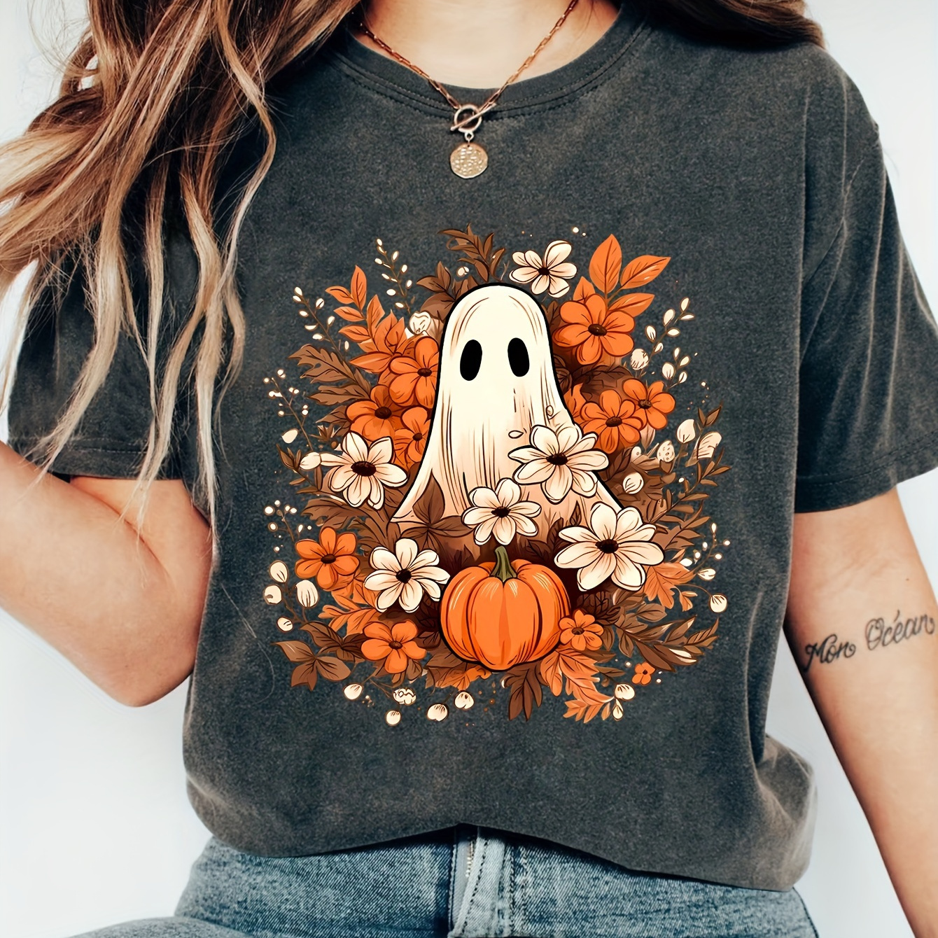 

Ghost Pumpkin & Floral Print Crew Neck T-shirt, Casual Short Sleeve Top For Spring & Summer, Women's Clothing