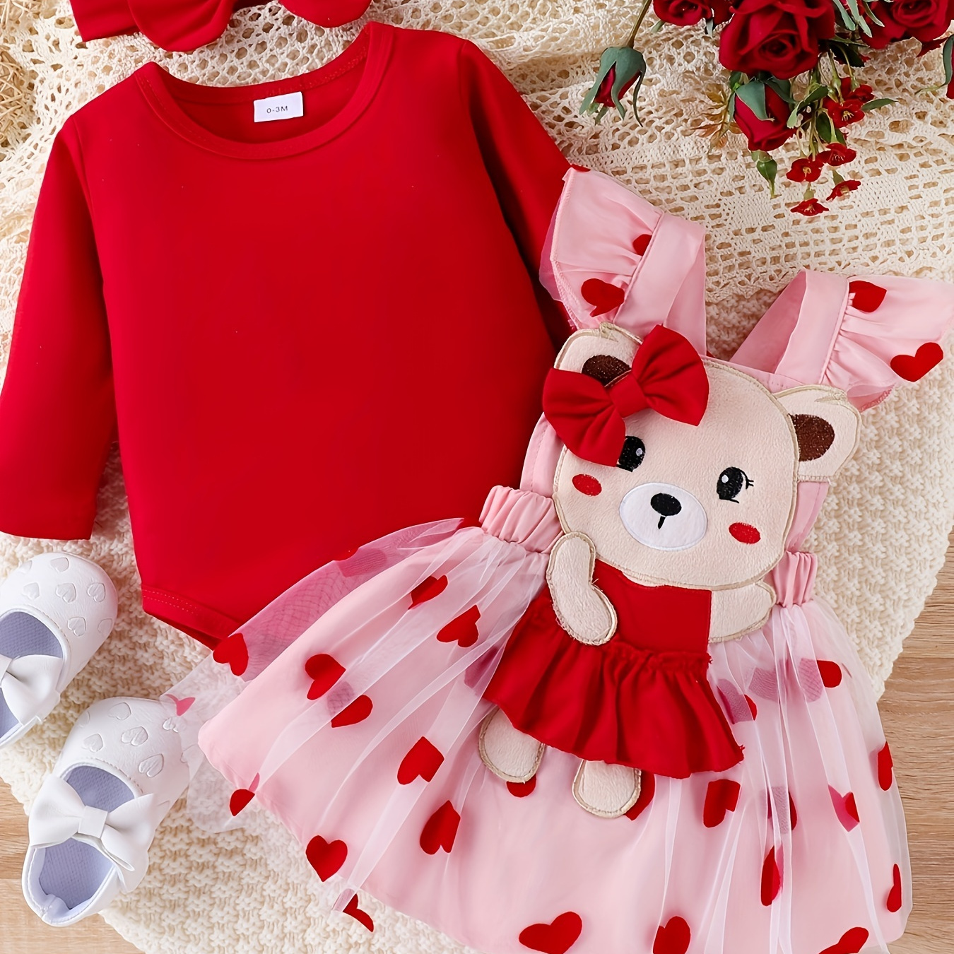 

2pcs Infant's Heart Pattern Lovely Outfit, Long Sleeve Romper & Bear Patchwork Mesh Overall Dress, Baby Girl's Clothes