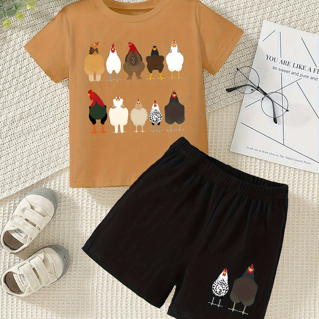 

Cartoon Chicken Pattern Cotton Short Sleeve T-shirt & Elastic Waist Shorts Set, 2pcs Boy's Comfy Summer Spring Outfit