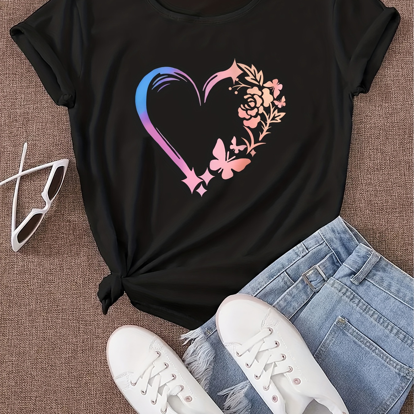 

Heart & Butterfly Print Casual T-shirt, Round Neck Short Sleeves Soft Sporty Tee, Women's Clothing