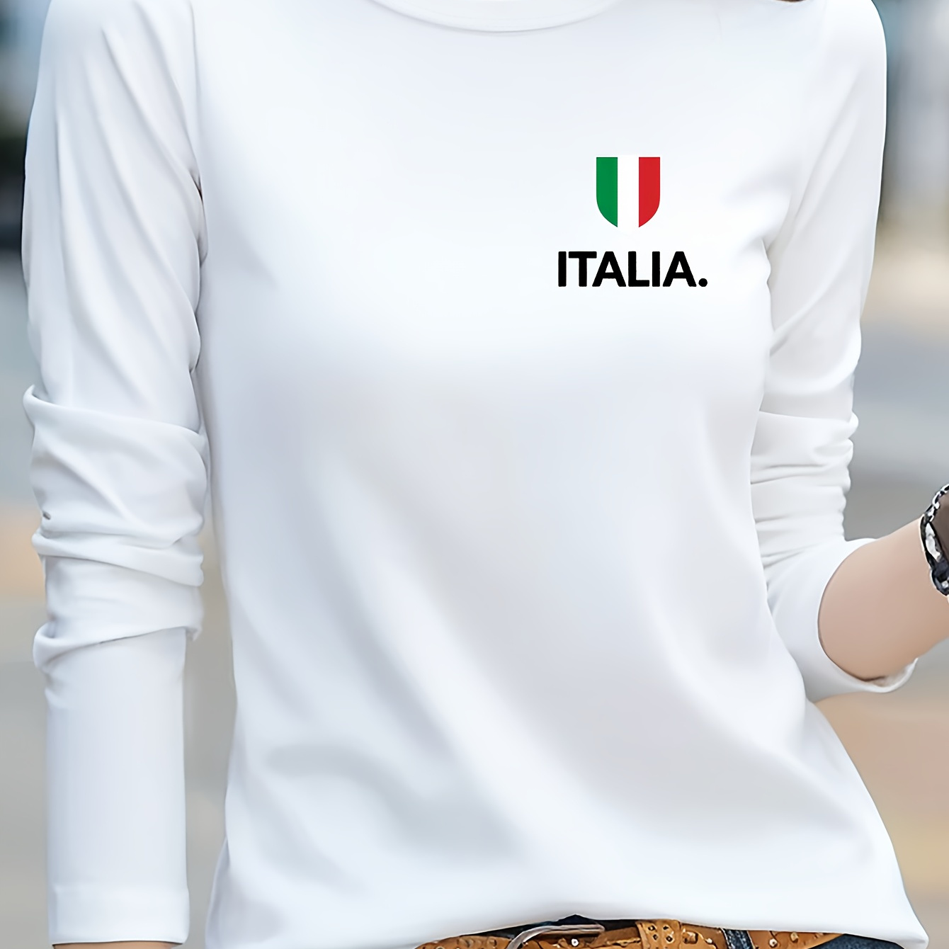 

Italia Print T-shirt, Long Sleeve Crew Neck Casual Top For Spring & Fall, Women's Clothing