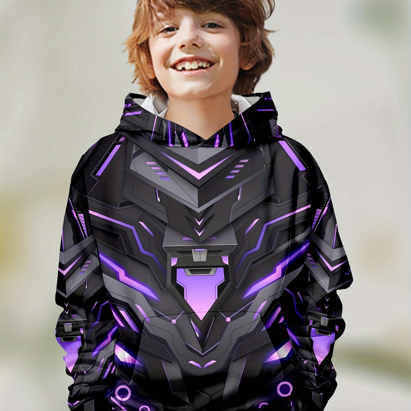 

Boys' 3d Mecha Warrior Print Hoodie, Casual Pullover With Long Sleeves And Pocket, Polyester And Spandex Blend, Medium Stretch, Hooded Collar - Spring/fall Season, Knit Fabric, Ages 12 & Under