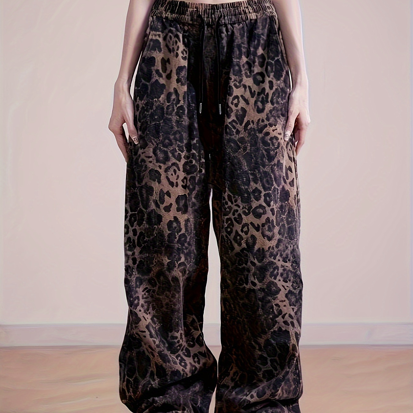 

Leopard Print Wide Leg Pants, Y2k Drawstring Elastic Waist Loose Pants For Spring & Summer, Women's Clothing
