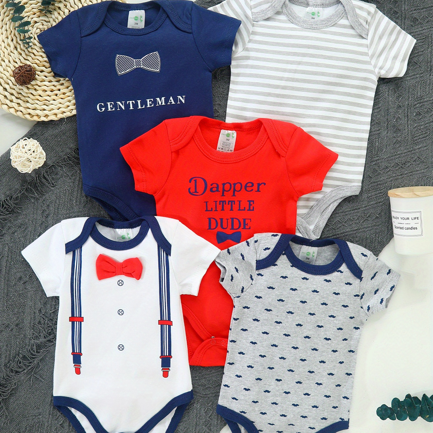 

5pcs Gentleman Themed Pattern 100% Cotton Infant's Bodysuit, Comfy Short Sleeve Onesie, Baby Boy's Clothing