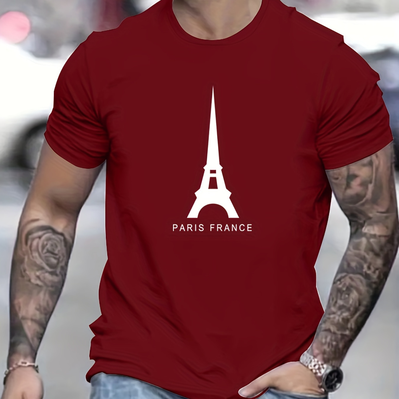 

Paris Eiffel Tower Graphic Print Men's Creative Top, Casual Short Sleeve Crew Neck T-shirt, Men's Clothing For Summer Outdoor