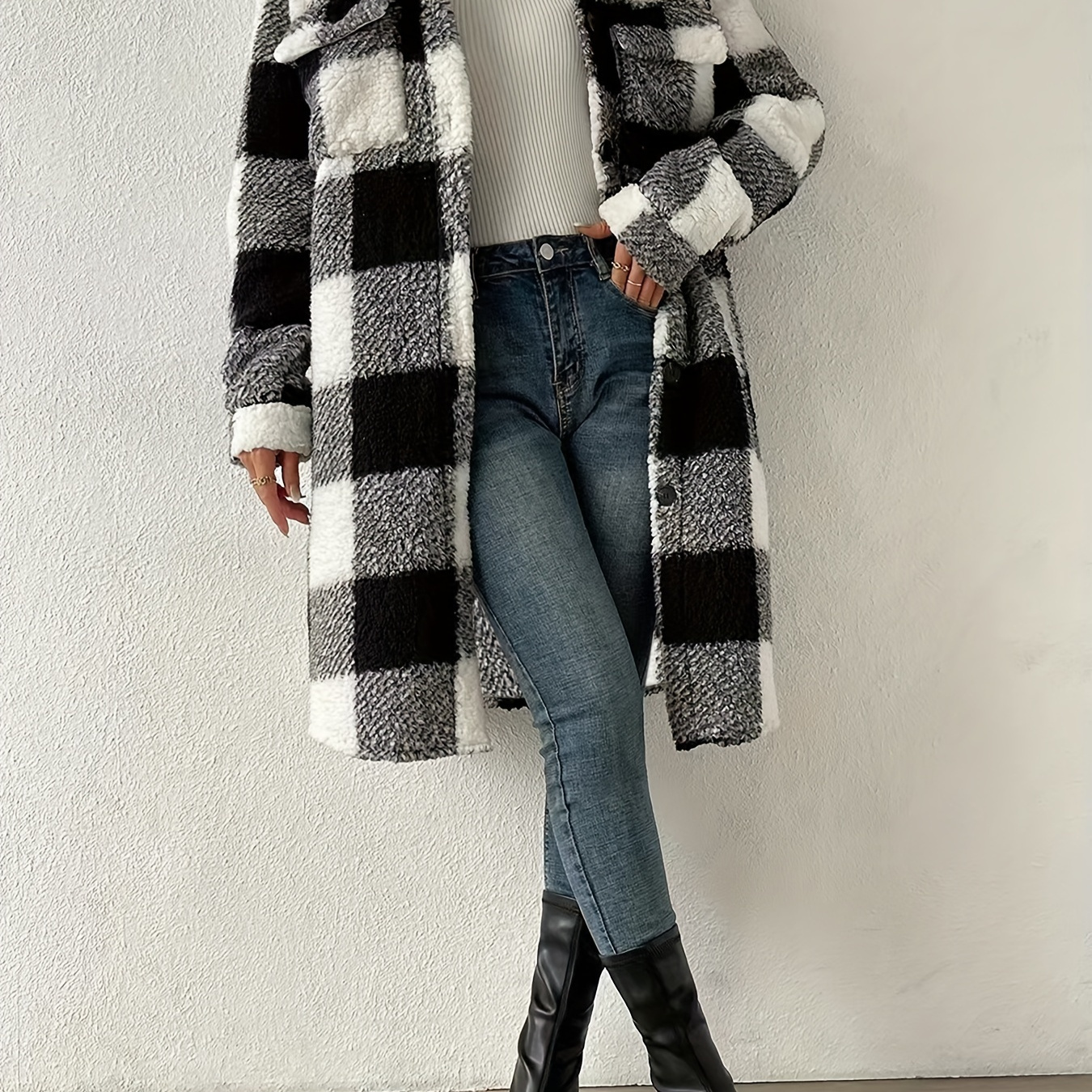 

Pattern Fuzzy Button Front Coat, Casual Drop Shoulder Long Sleeve Outwear For Fall & Winter, Women's Clothing