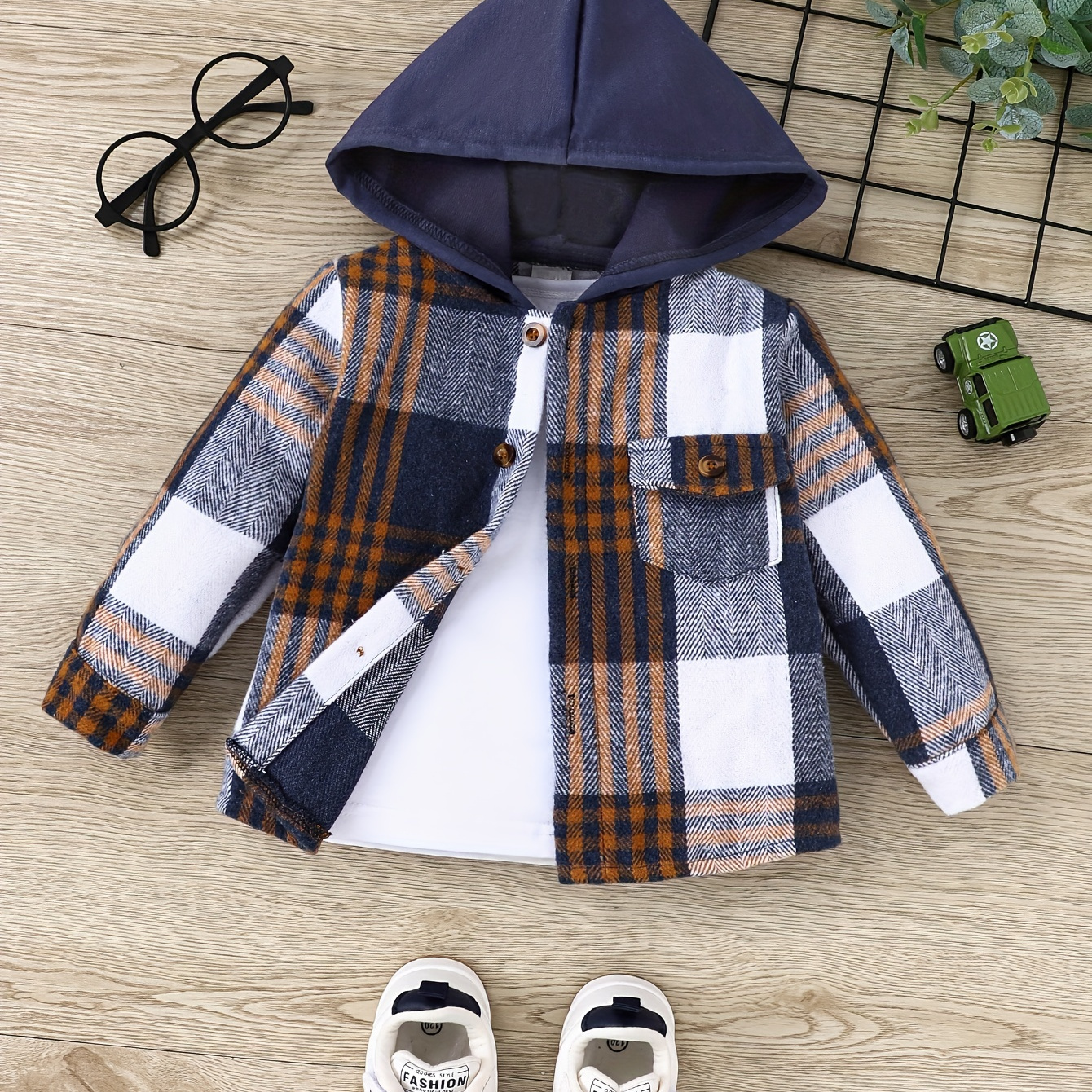 

Toddler Boys Casual Stylish Street Style Plaid Brushed Shirt Jacket, Baby Boy Hooded Coat, Winter/fall
