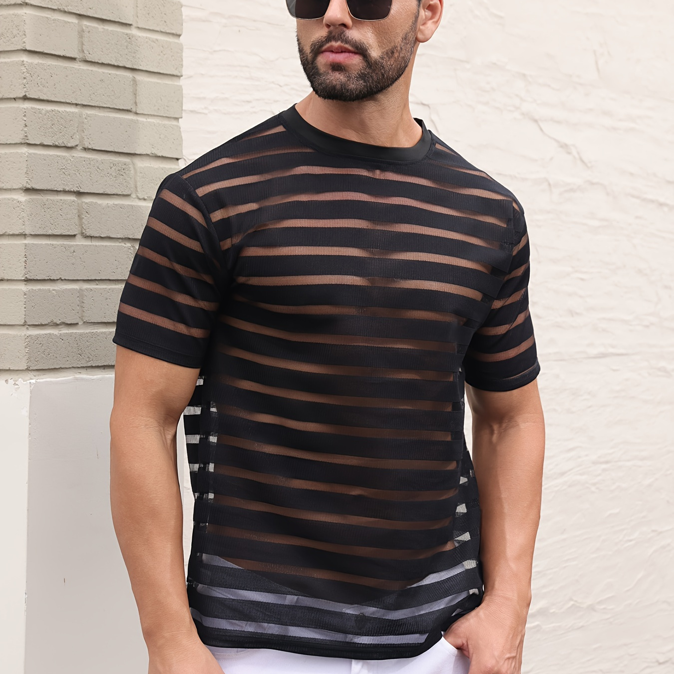 

Men's Lace See Through Design Short Sleeve T-shirts, Sexy Crew Neck Performance Tops, Men's Flirting Clothing