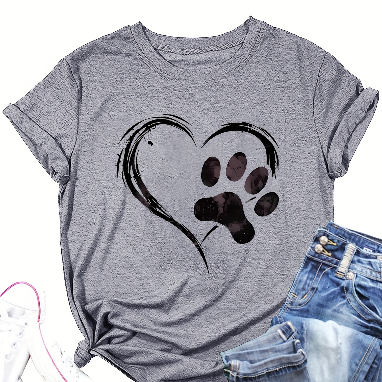 

Dog Paw Print Casual T-shirt For Dog Lovers, Polyester Knit Fabric, Round Neck, Regular Fit, Fashionable Short Sleeve Top For All