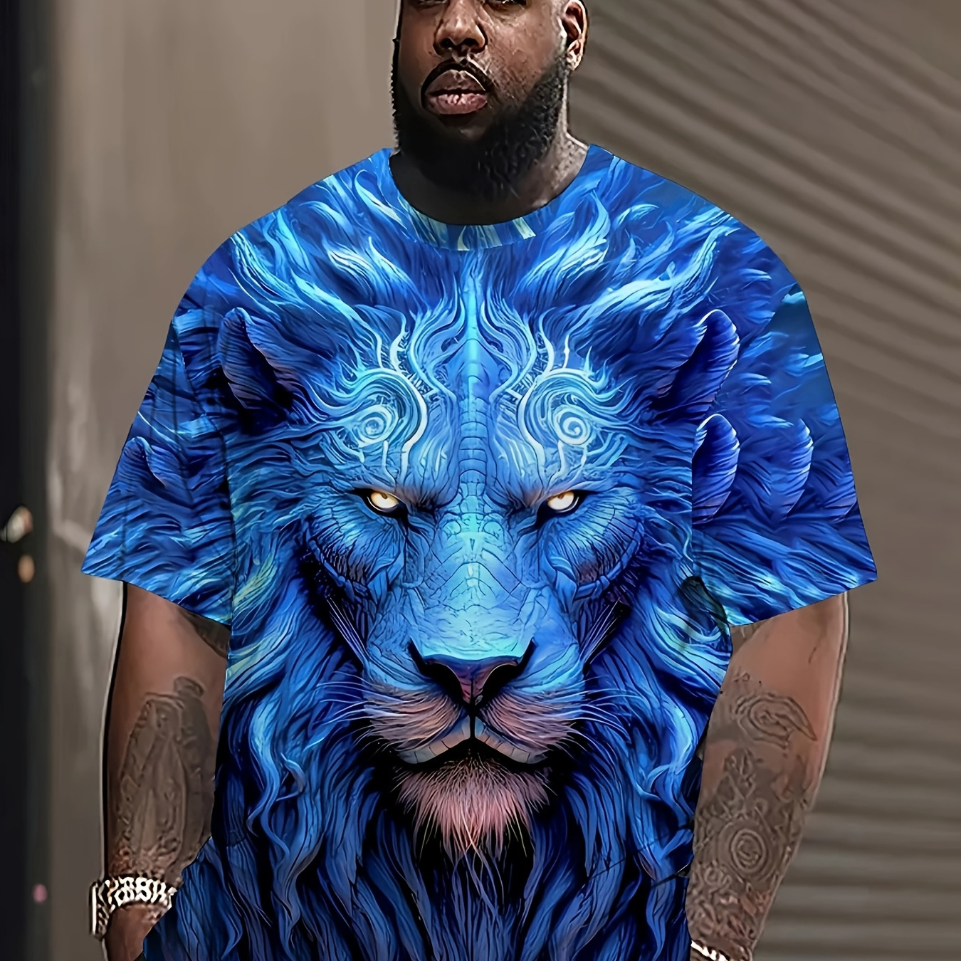 

Men's Lion Print T-shirt - Blue , Casual Streetwear Short Sleeve Tee For Parties, & Casual Attire, Plus Size