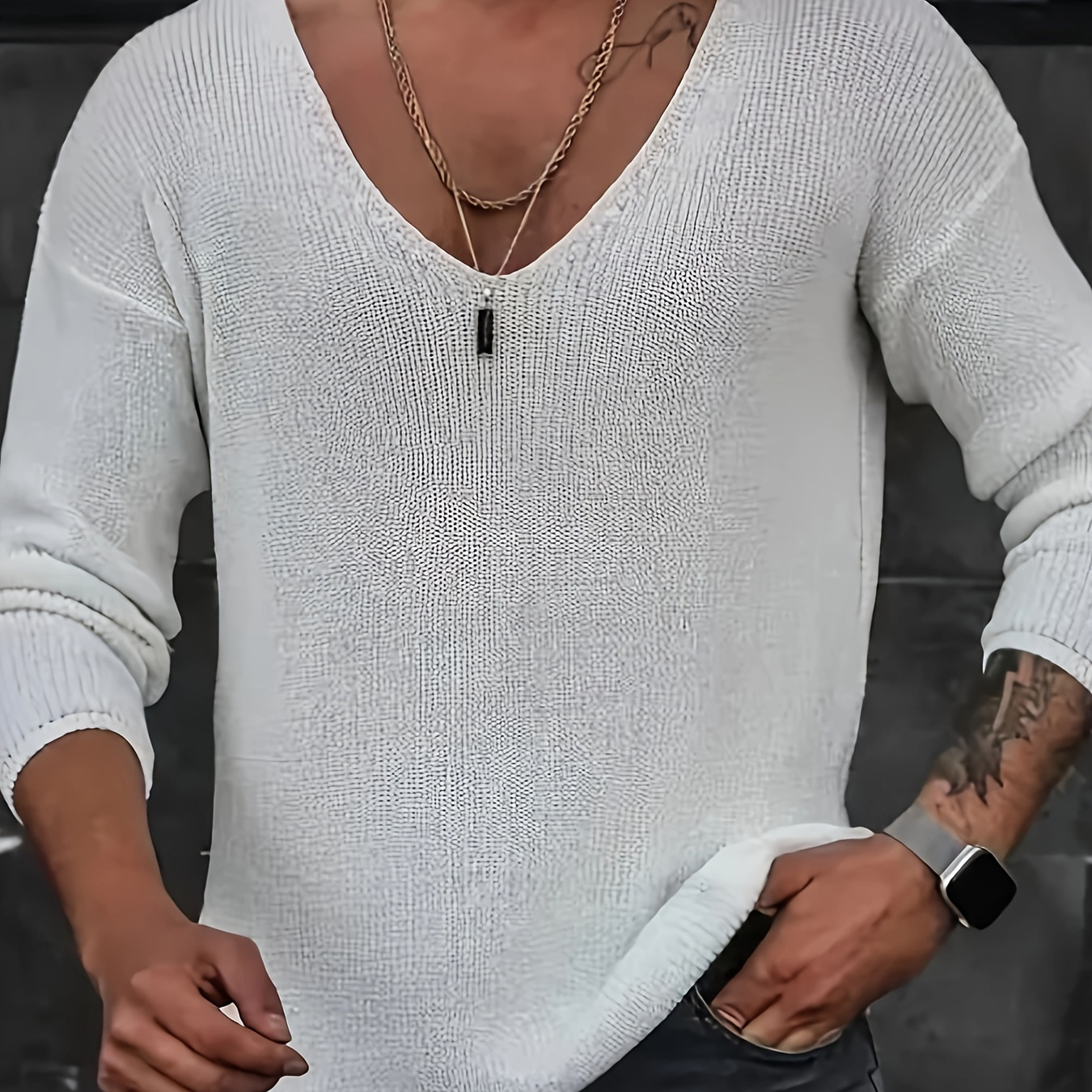 

Chic Design Men's Solid Knit V-neck Long Sleeve Sweater, Casual And Trendy Stretchable Tops For Spring And Autumn Daily Leisurewear